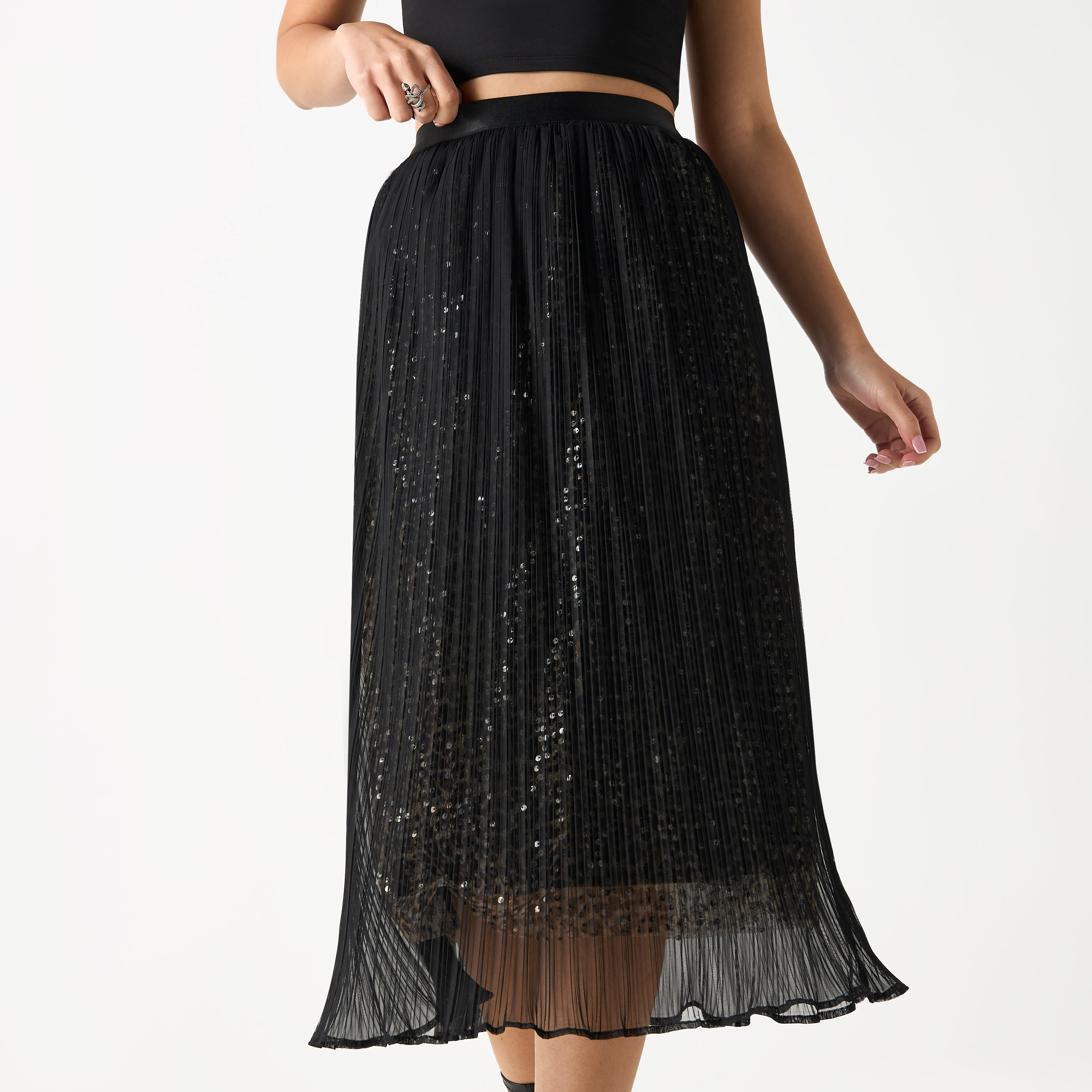 Shop Sequin Embellished Midi Skirt with Elasticated Waistband