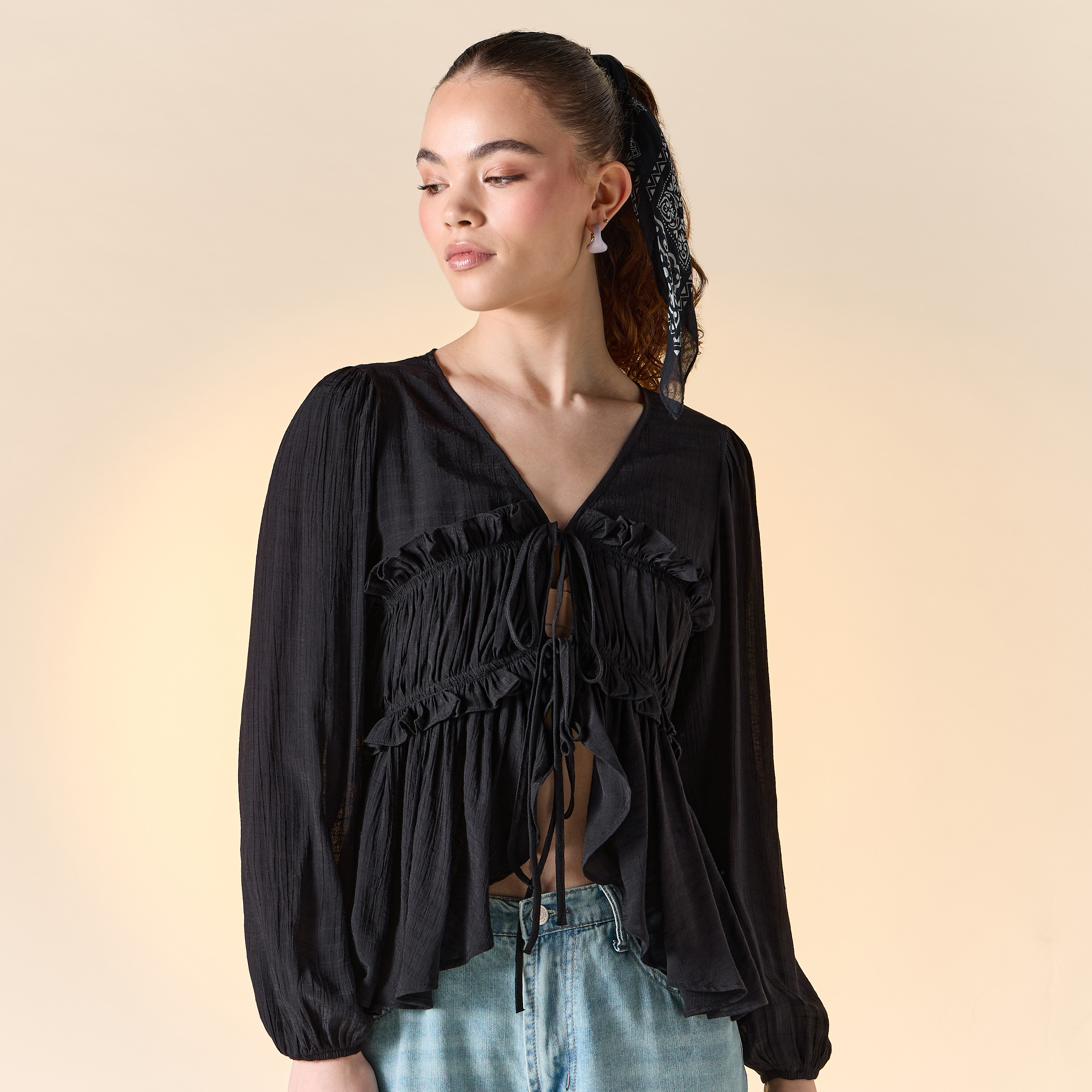 Textured V-neck Top with Ruched Detail and Tie-Up-women-clothing-shirtsandblouses-blouses-image-6