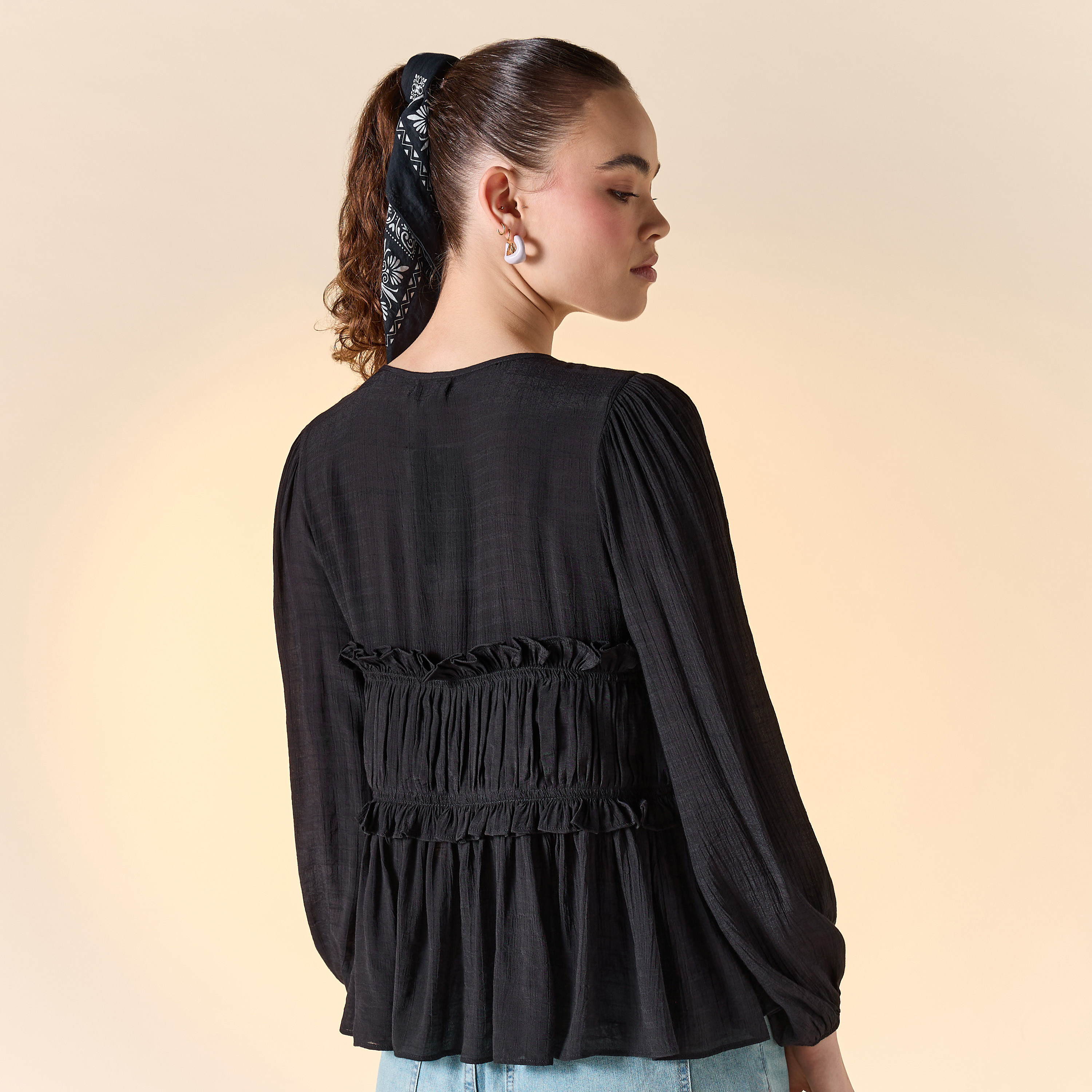 Textured V-neck Top with Ruched Detail and Tie-Up-women-clothing-shirtsandblouses-blouses-image-8