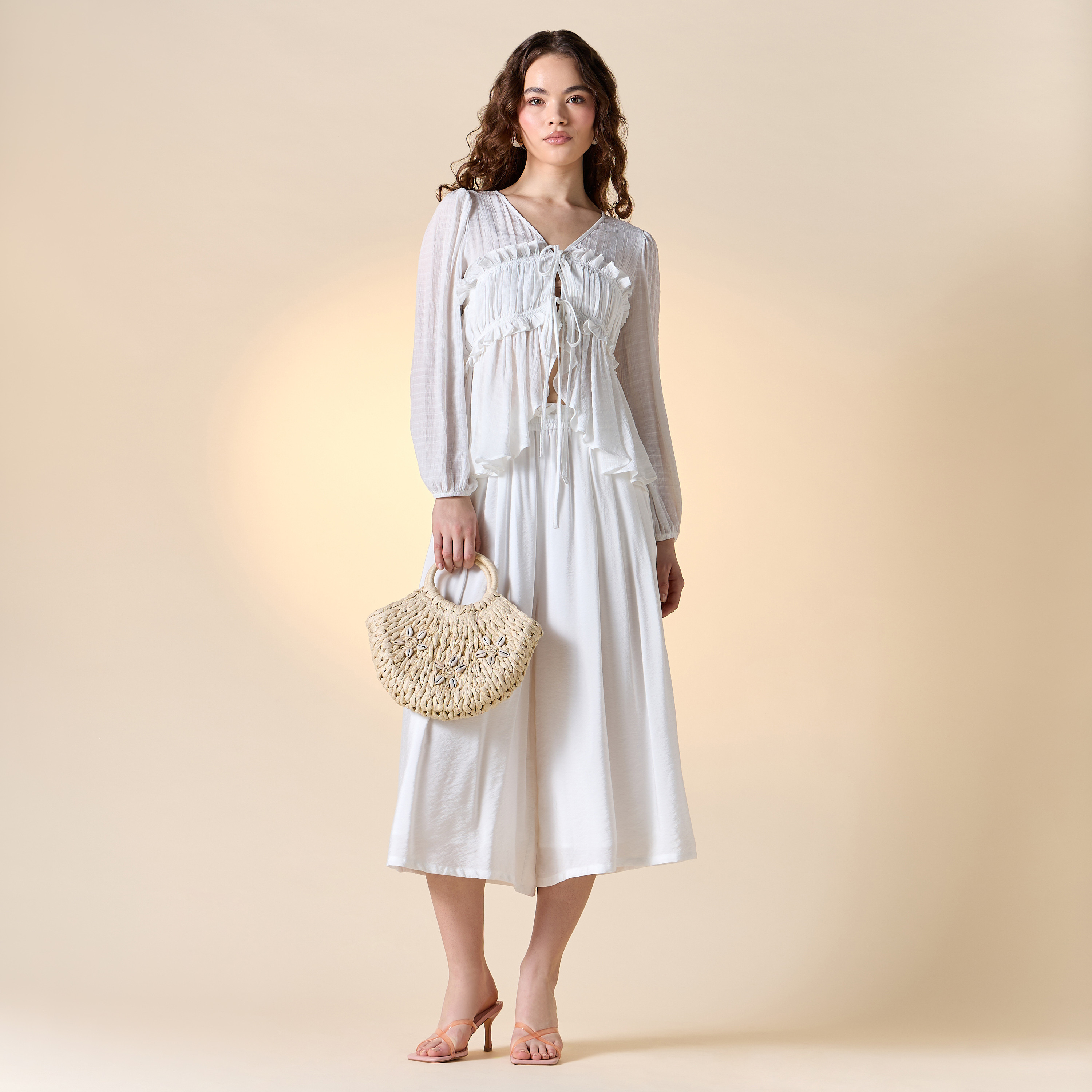 Textured V-neck Top with Ruched Detail and Tie-Up-women-clothing-shirtsandblouses-blouses-image-2
