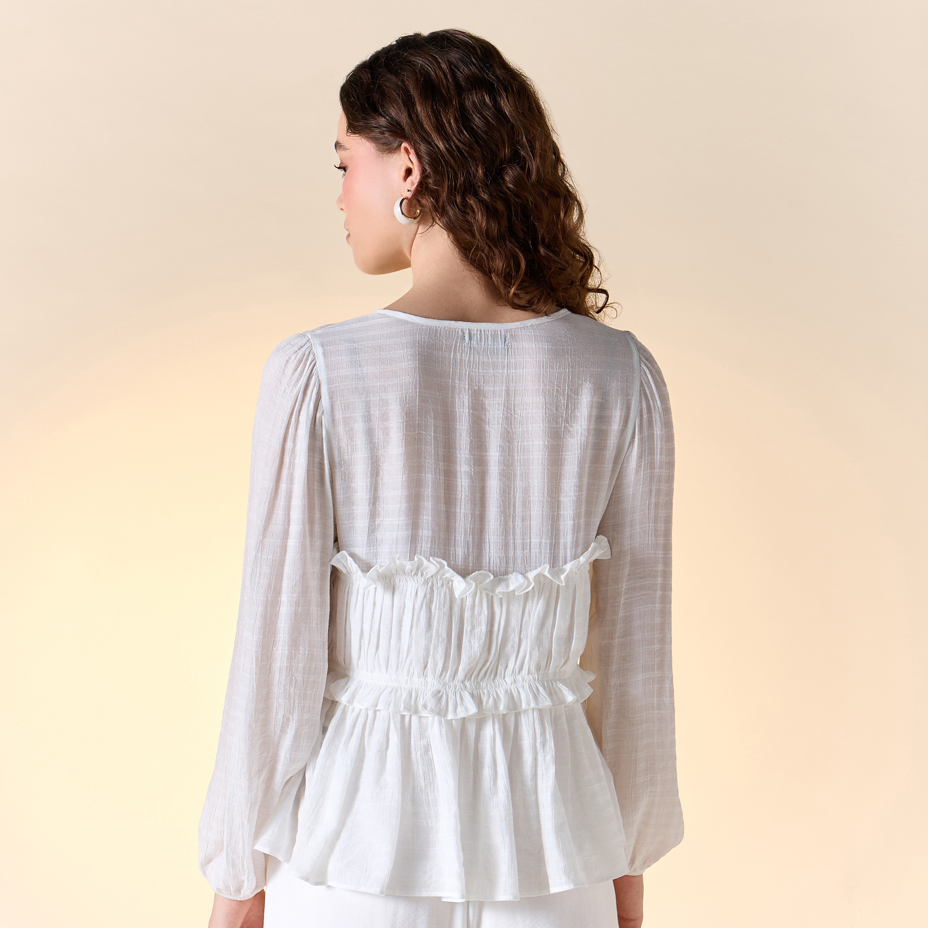 Textured V-neck Top with Ruched Detail and Tie-Up-women-clothing-shirtsandblouses-blouses-image-3