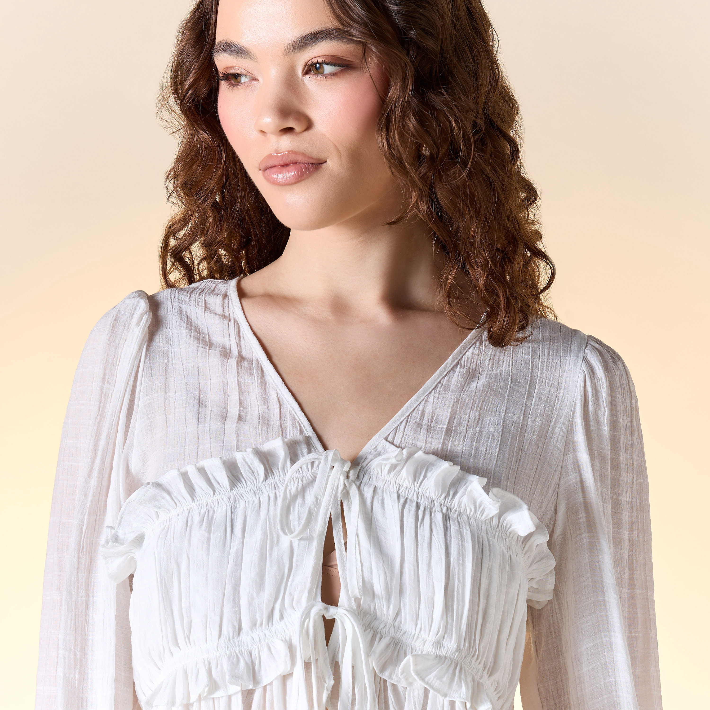Textured V-neck Top with Ruched Detail and Tie-Up-women-clothing-shirtsandblouses-blouses-image-4