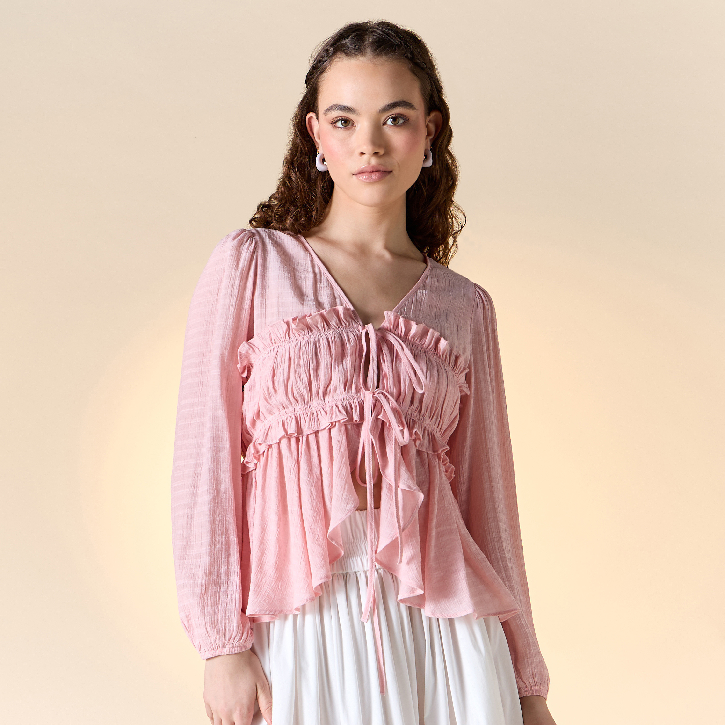 Textured V-neck Top with Ruched Detail and Tie-Up-women-clothing-shirtsandblouses-blouses-image-9