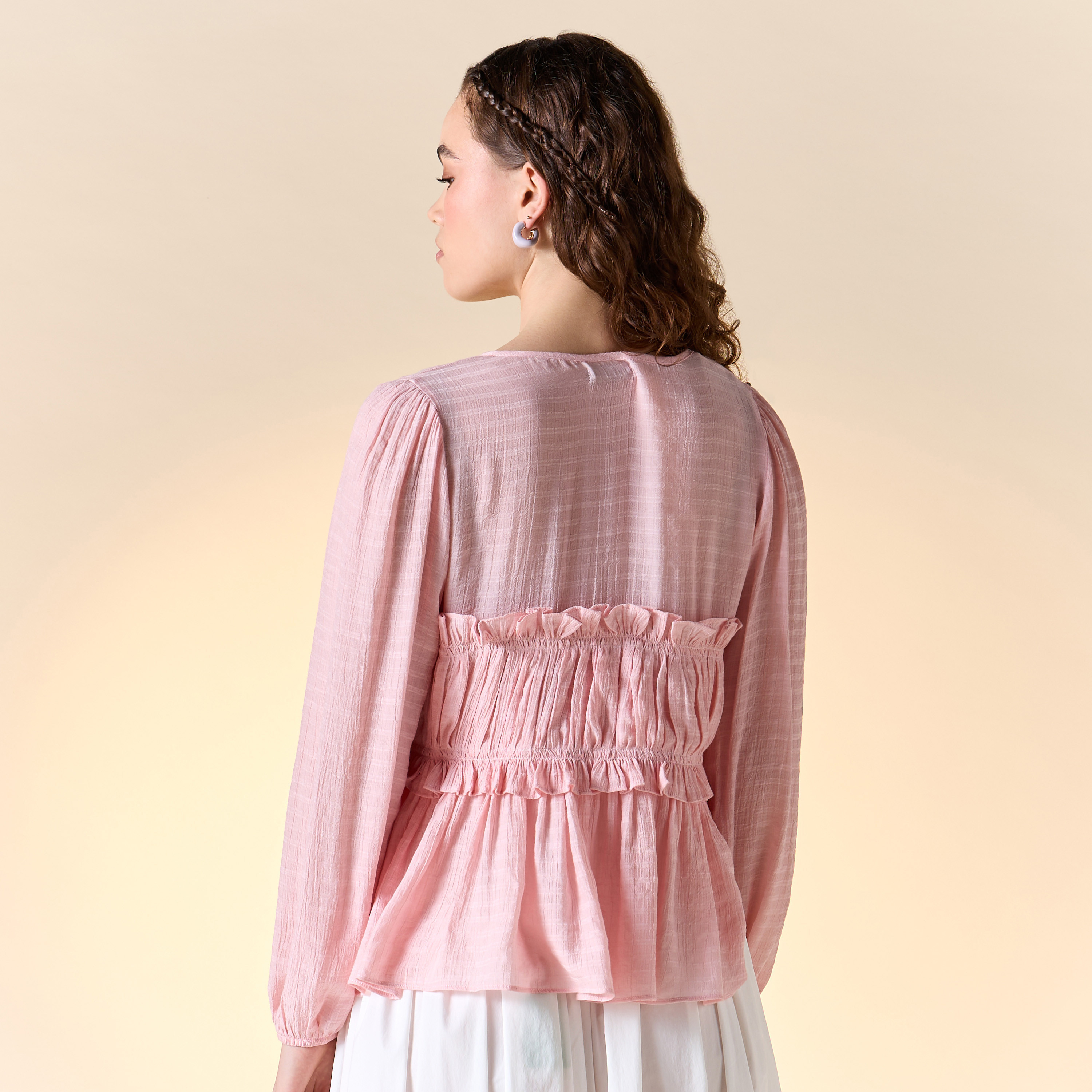 Textured V-neck Top with Ruched Detail and Tie-Up-women-clothing-shirtsandblouses-blouses-image-11