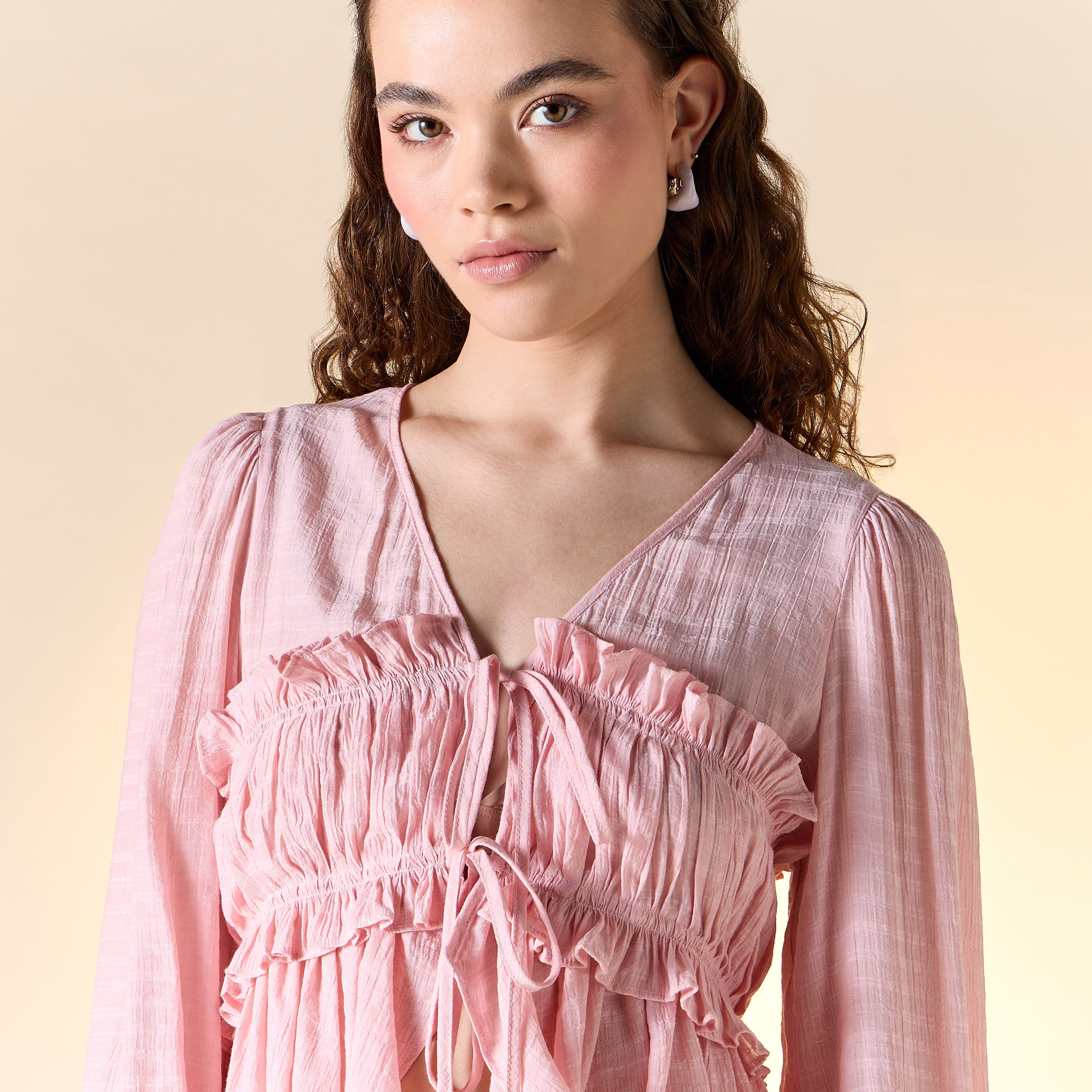 Textured V-neck Top with Ruched Detail and Tie-Up-women-clothing-shirtsandblouses-blouses-image-12