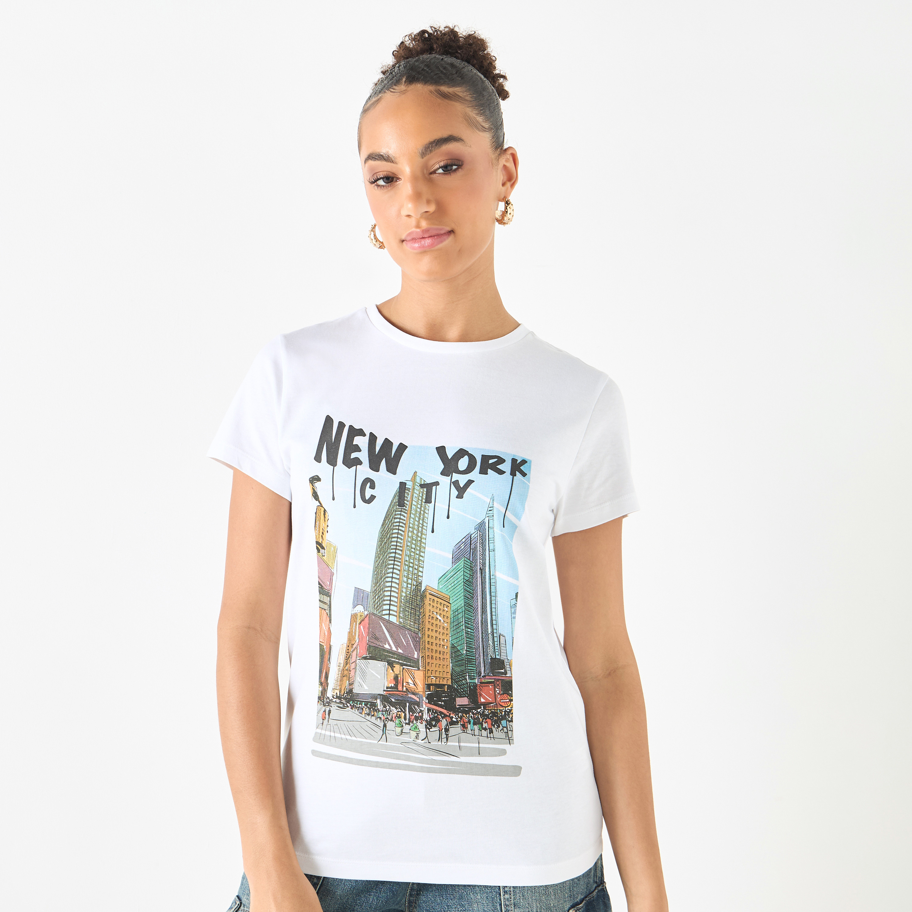 Graphic Print Crew Neck Cotton T-shirt with Short Sleeves-women-clothing-tshirts-image-1
