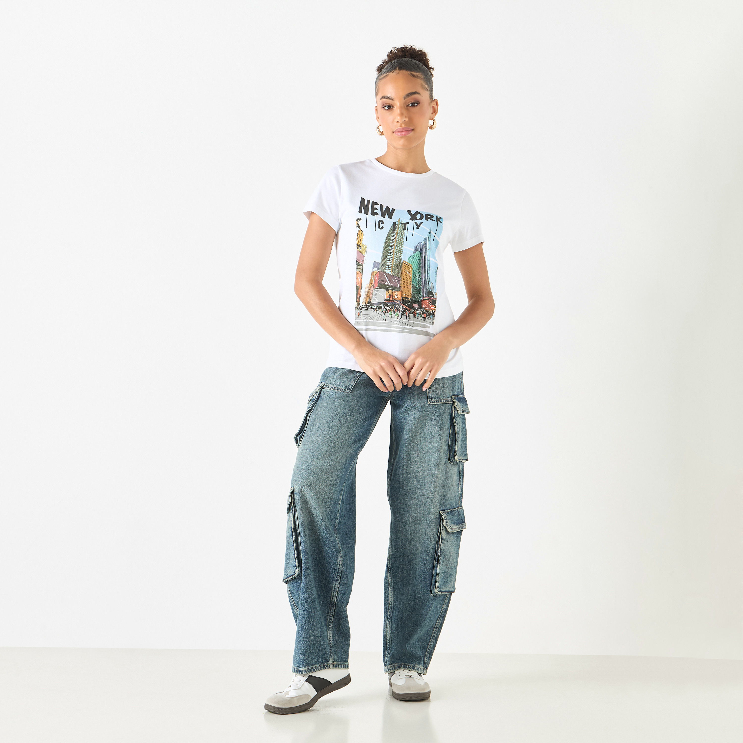 Graphic Print Crew Neck Cotton T-shirt with Short Sleeves-women-clothing-tshirts-image-2