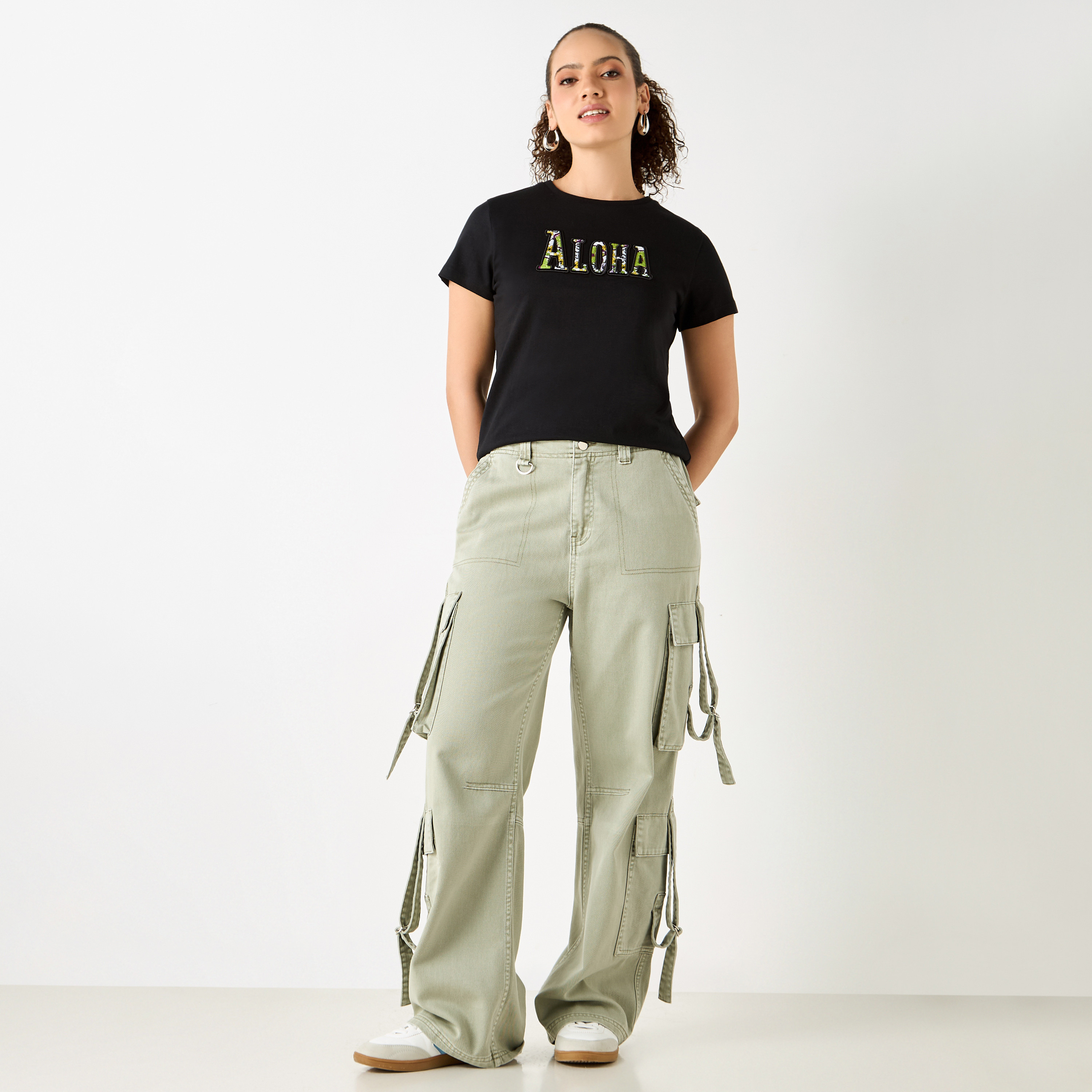 Embroidered Crew Neck T-shirt with Short Sleeves-women-clothing-tshirts-image-2