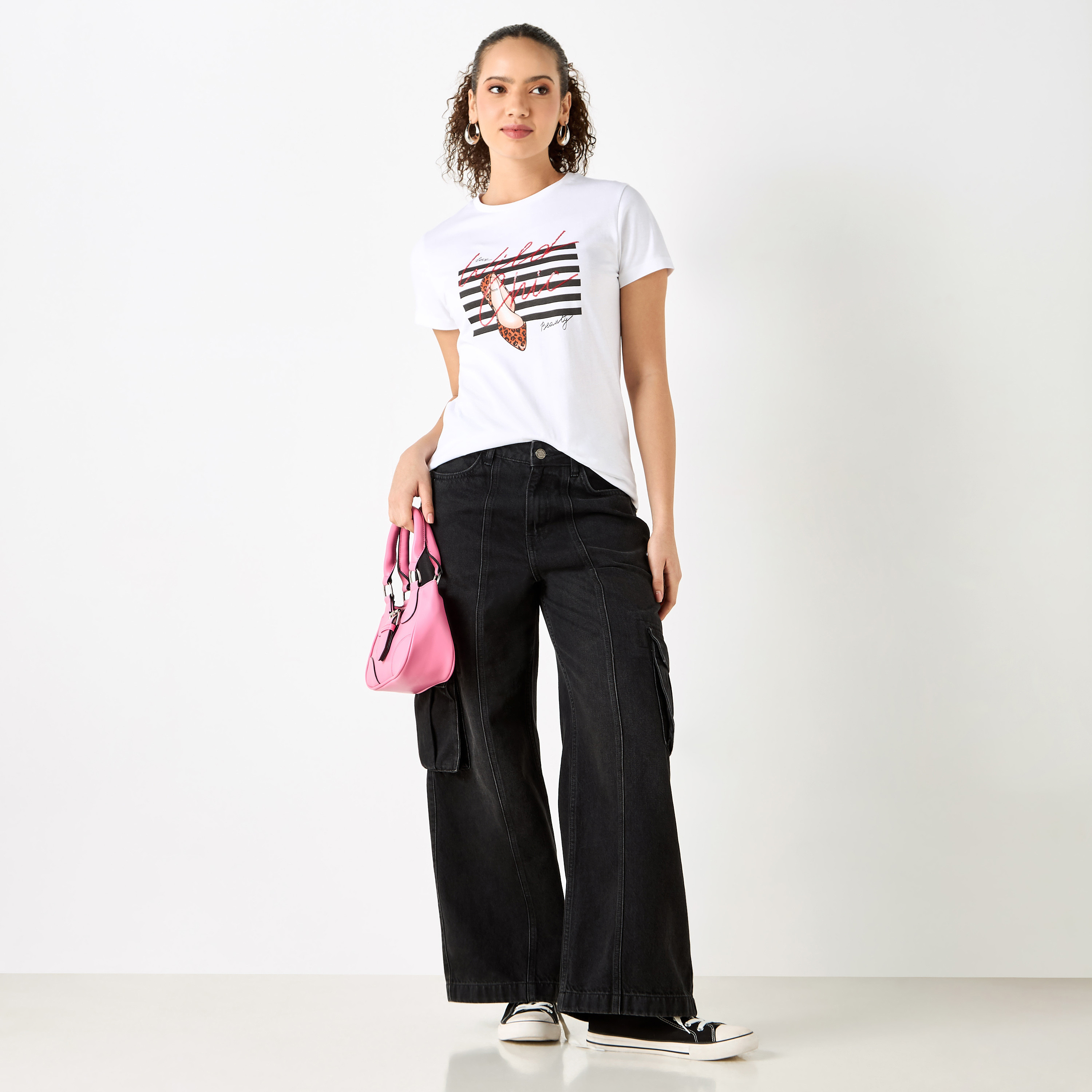 Slogan Print Crew Neck T-shirt with Short Sleeves-women-clothing-tshirts-image-2