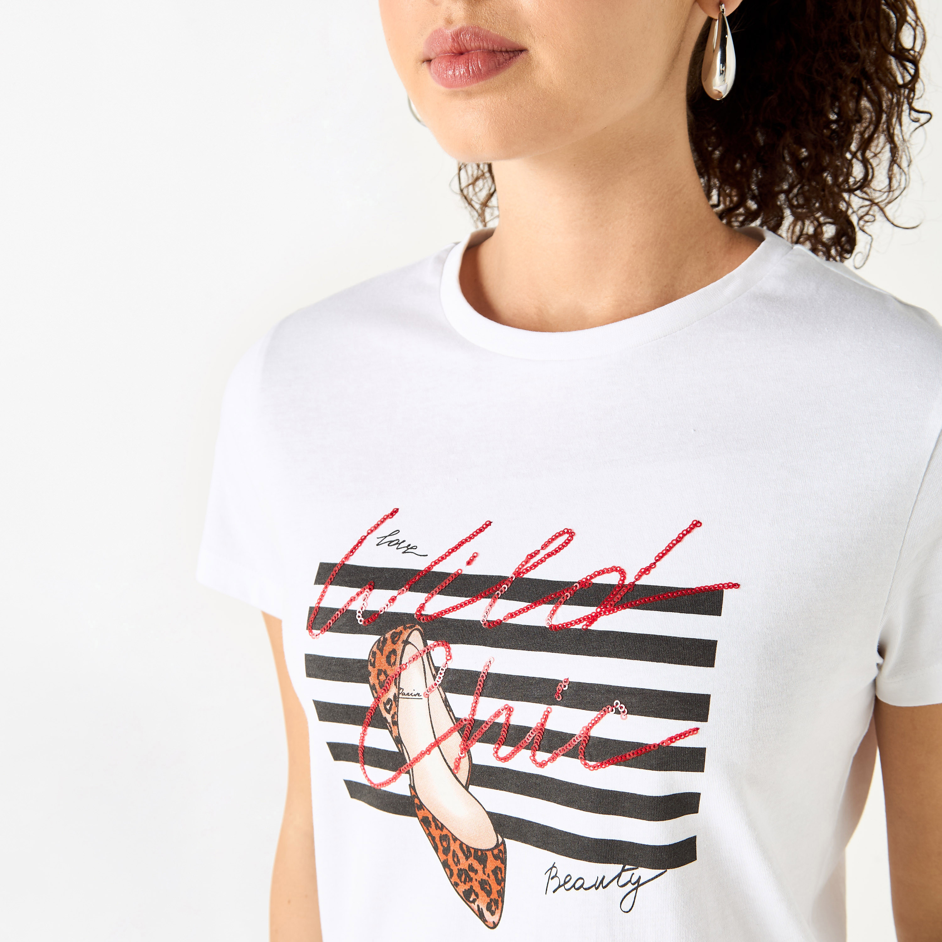 Slogan Print Crew Neck T-shirt with Short Sleeves-women-clothing-tshirts-image-4