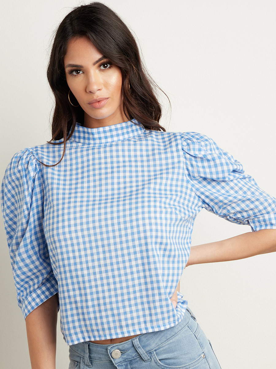 Styli Gingham 3/4 Sleeves Top with High Neck-women-clothing-shirtsandblouses-blouses-image-1