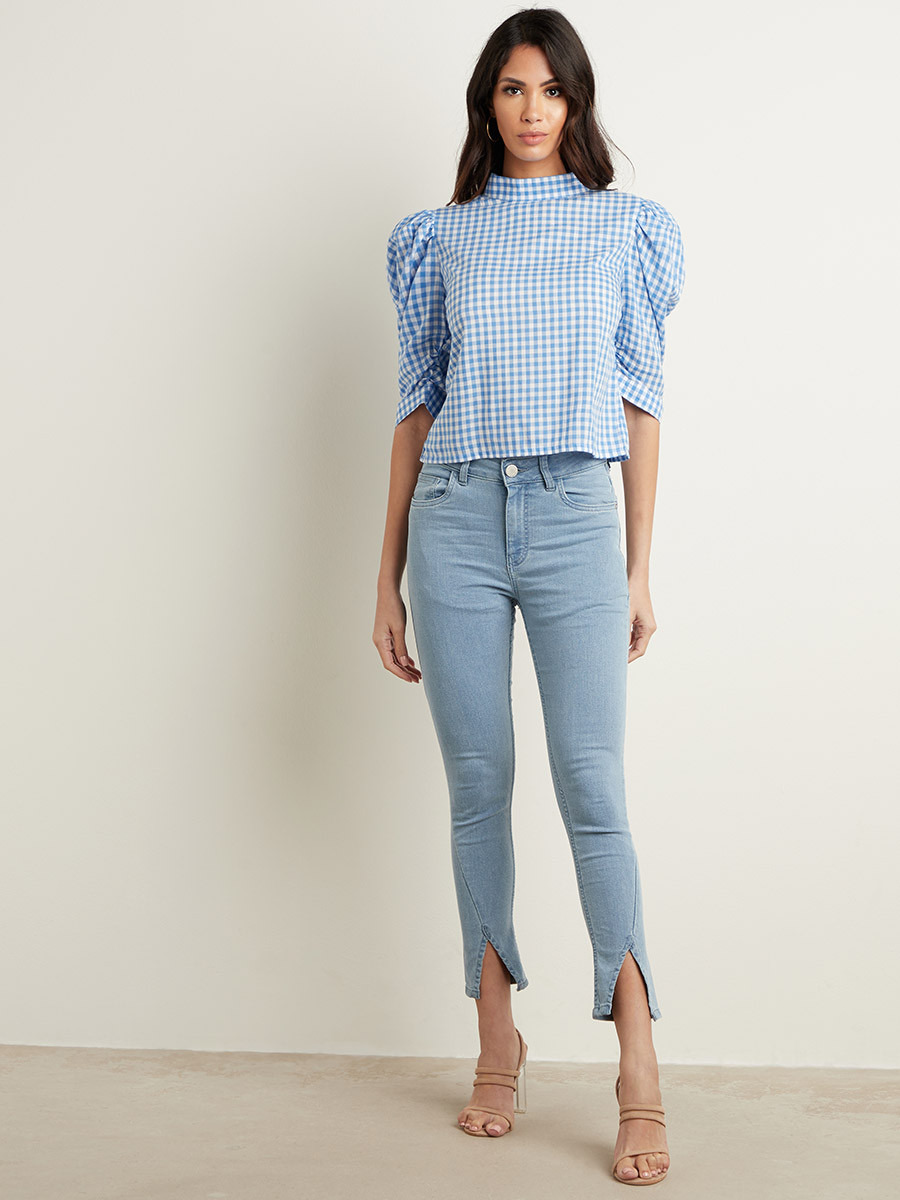 Styli Gingham 3/4 Sleeves Top with High Neck-women-clothing-shirtsandblouses-blouses-image-2
