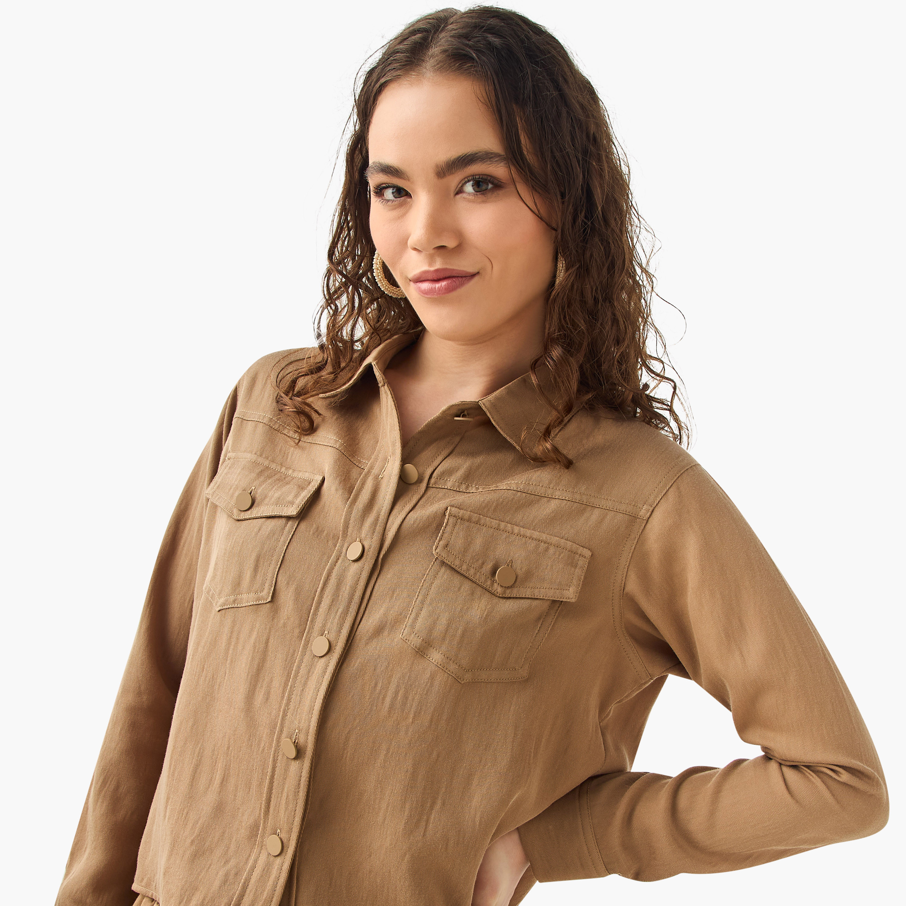 Shop Utlity Collared Shirt with Pockets and Long Sleeves