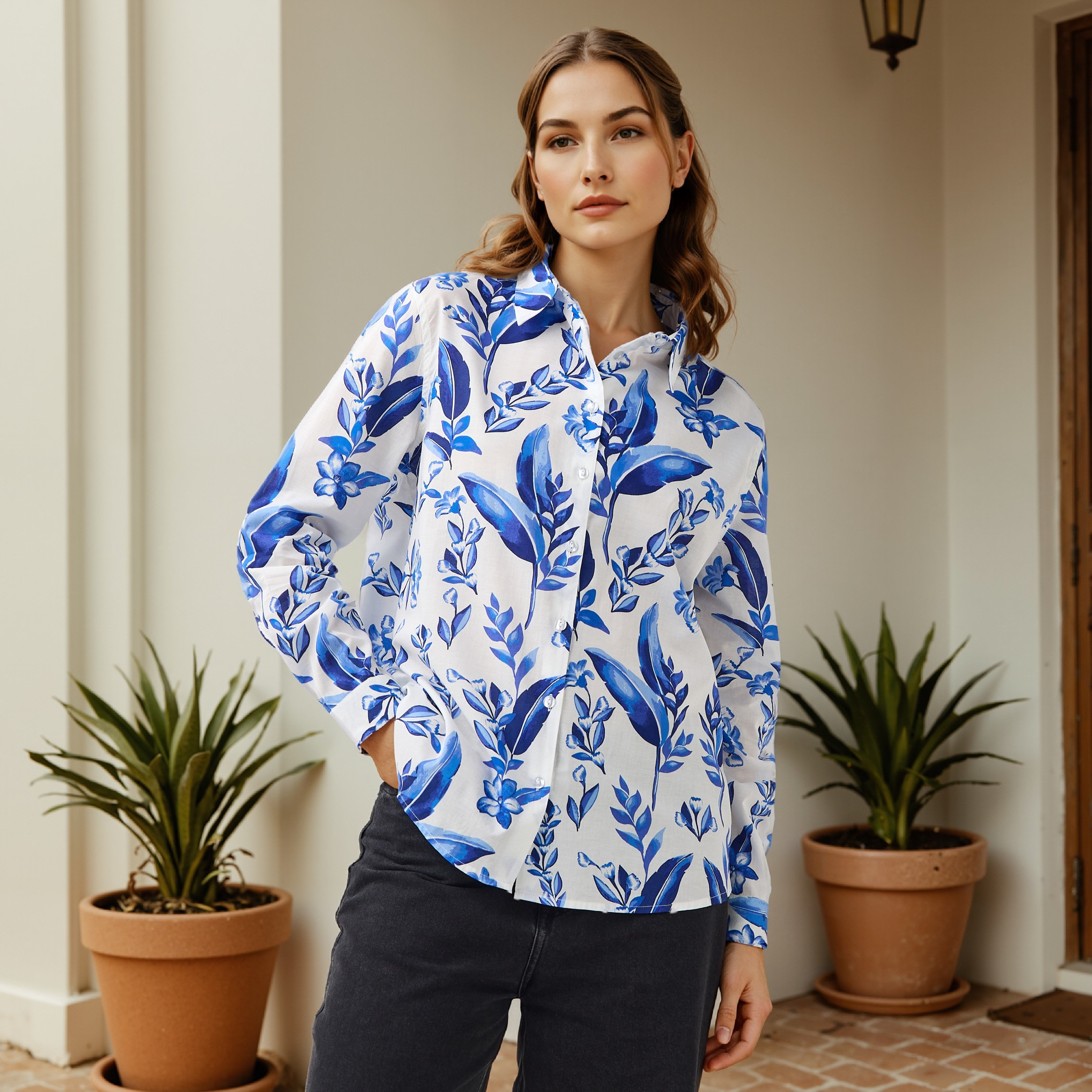 Floral Print Collared Cotton Shirt-women-clothing-shirtsandblouses-shirts-image-1