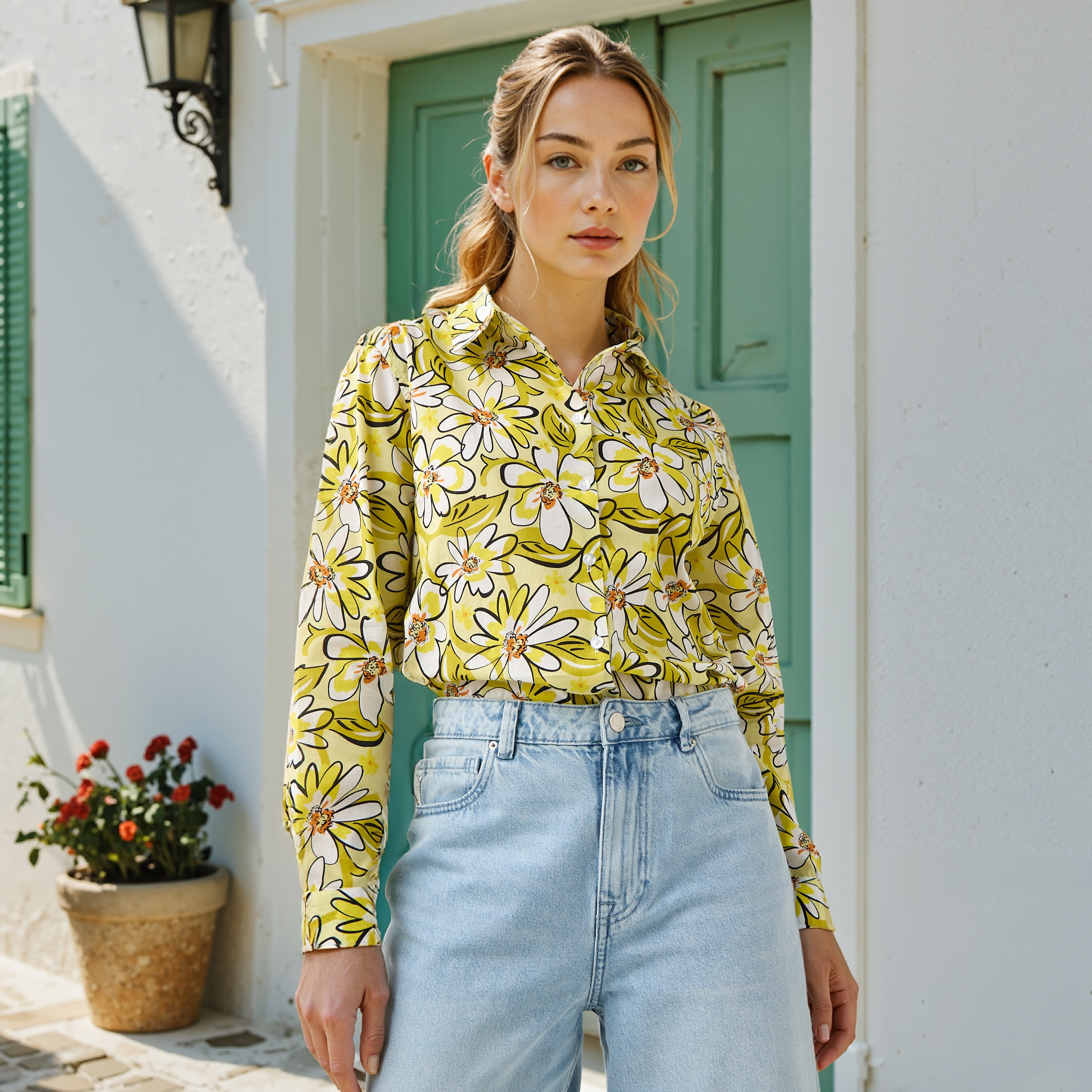 Floral Print Collared Cotton Shirt-women-clothing-shirtsandblouses-shirts-image-1