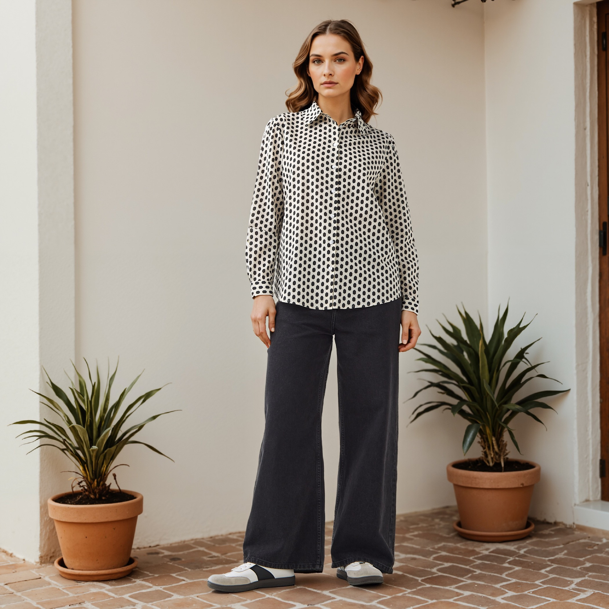 قميص قطن بياقة عادية وطبعات منقطة-women-clothing-shirtsandblouses-shirts-image-2