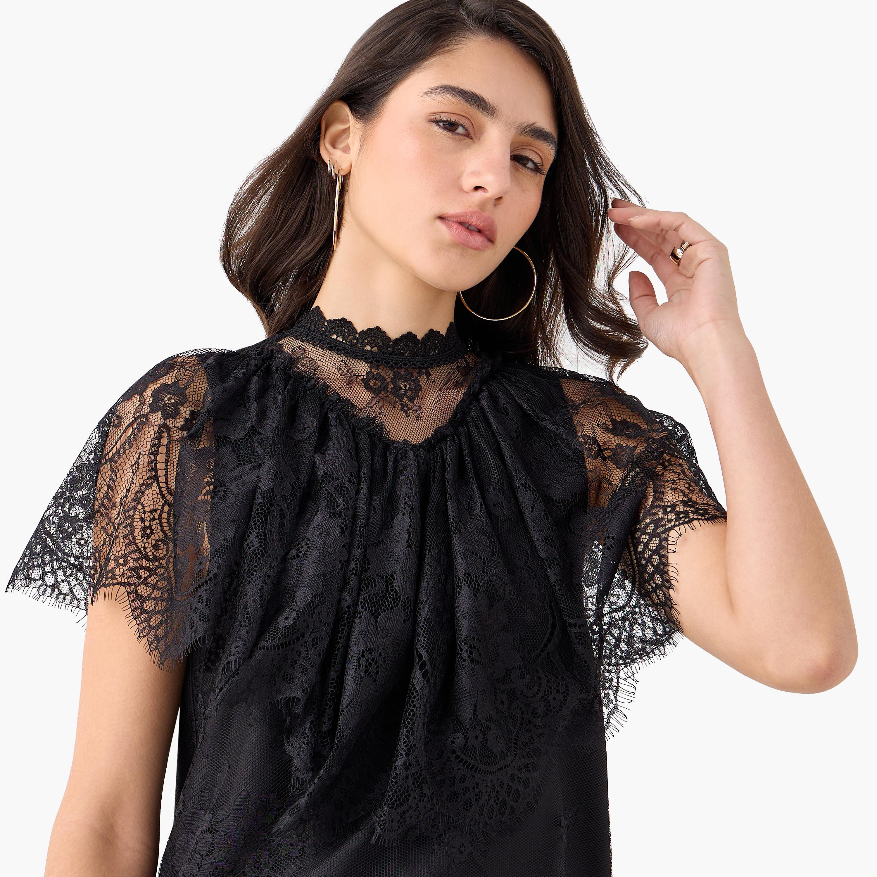بلوزة بياقة عالية وأكمام قصيرة وتفاصيل دانتيل-women-clothing-shirtsandblouses-blouses-image-4
