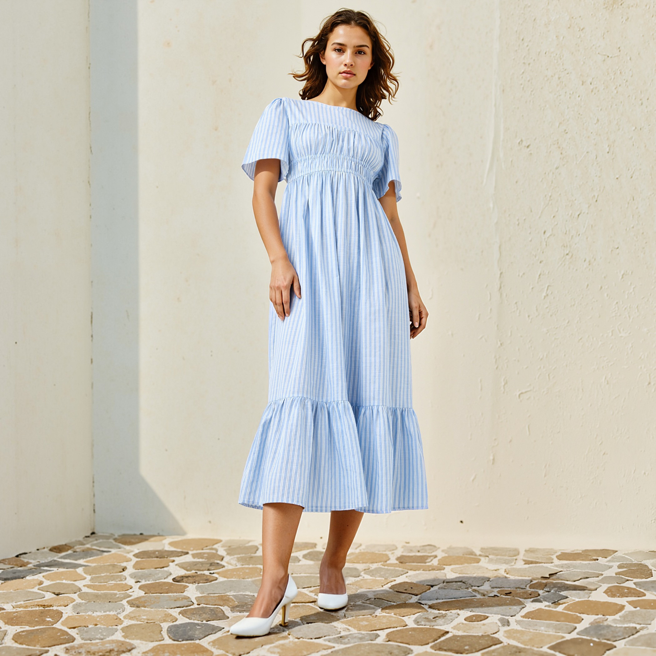 Striped A-line Midi Cotton Dress with Short Sleeves and Smocked Detail-women-clothing-dresses-image-1