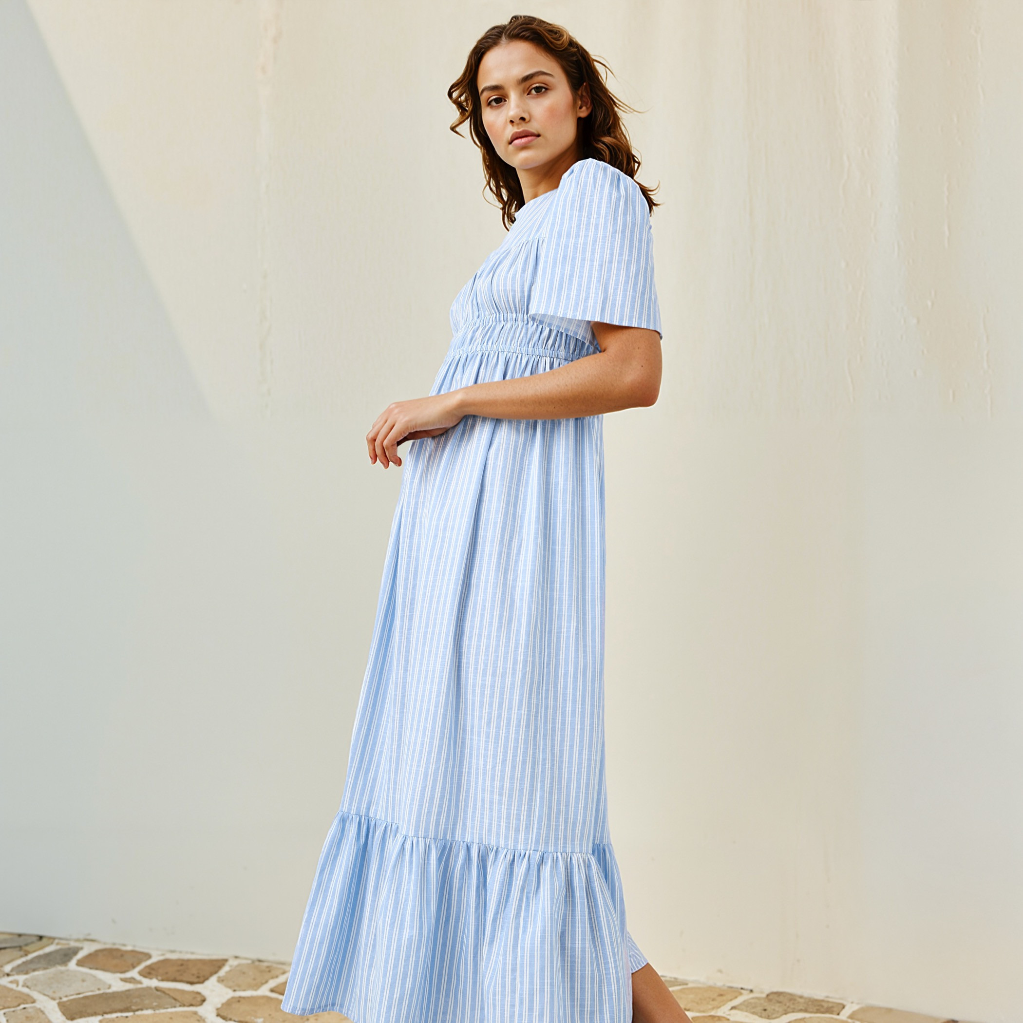 Striped A-line Midi Cotton Dress with Short Sleeves and Smocked Detail-women-clothing-dresses-image-2