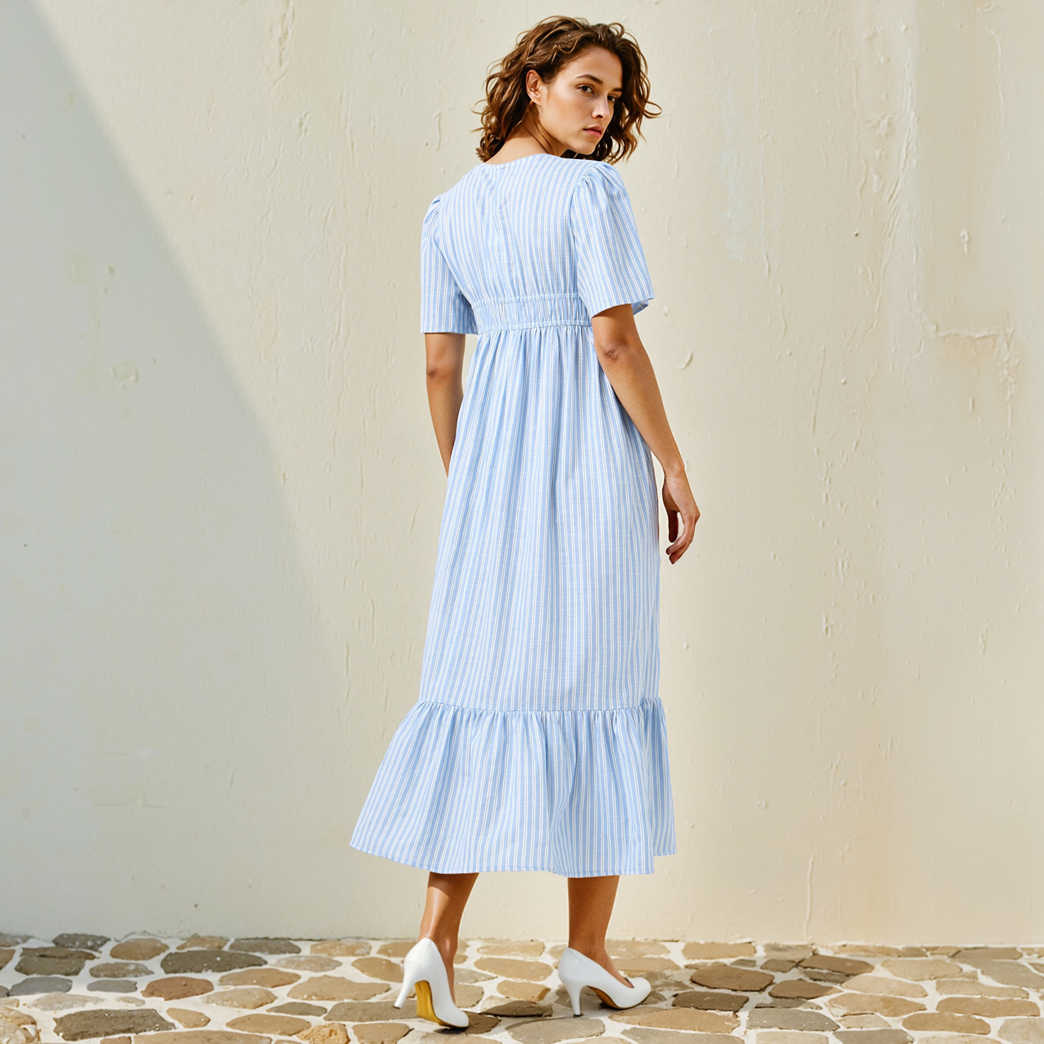 Striped A-line Midi Cotton Dress with Short Sleeves and Smocked Detail-women-clothing-dresses-image-3