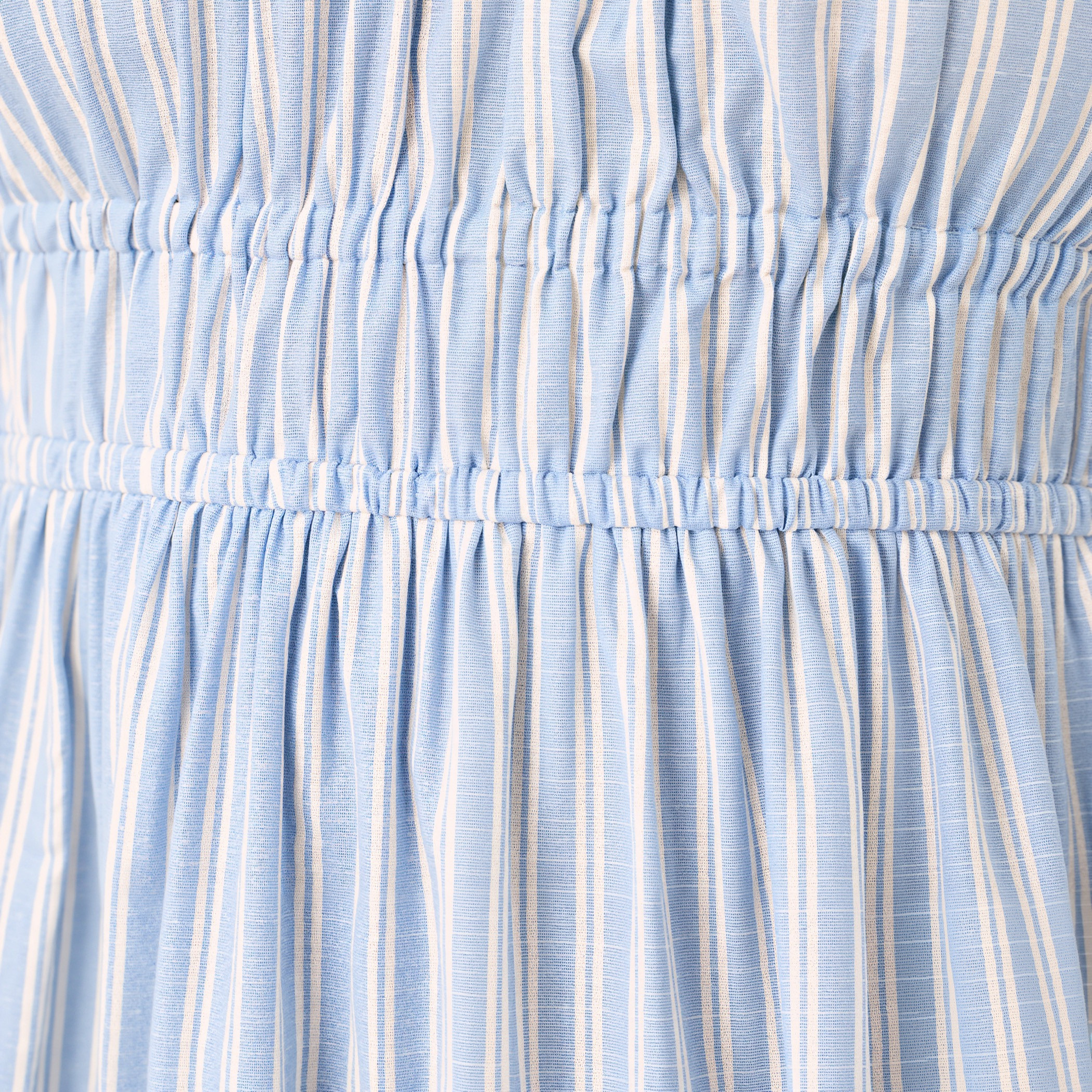 Striped A-line Midi Cotton Dress with Short Sleeves and Smocked Detail-women-clothing-dresses-image-5