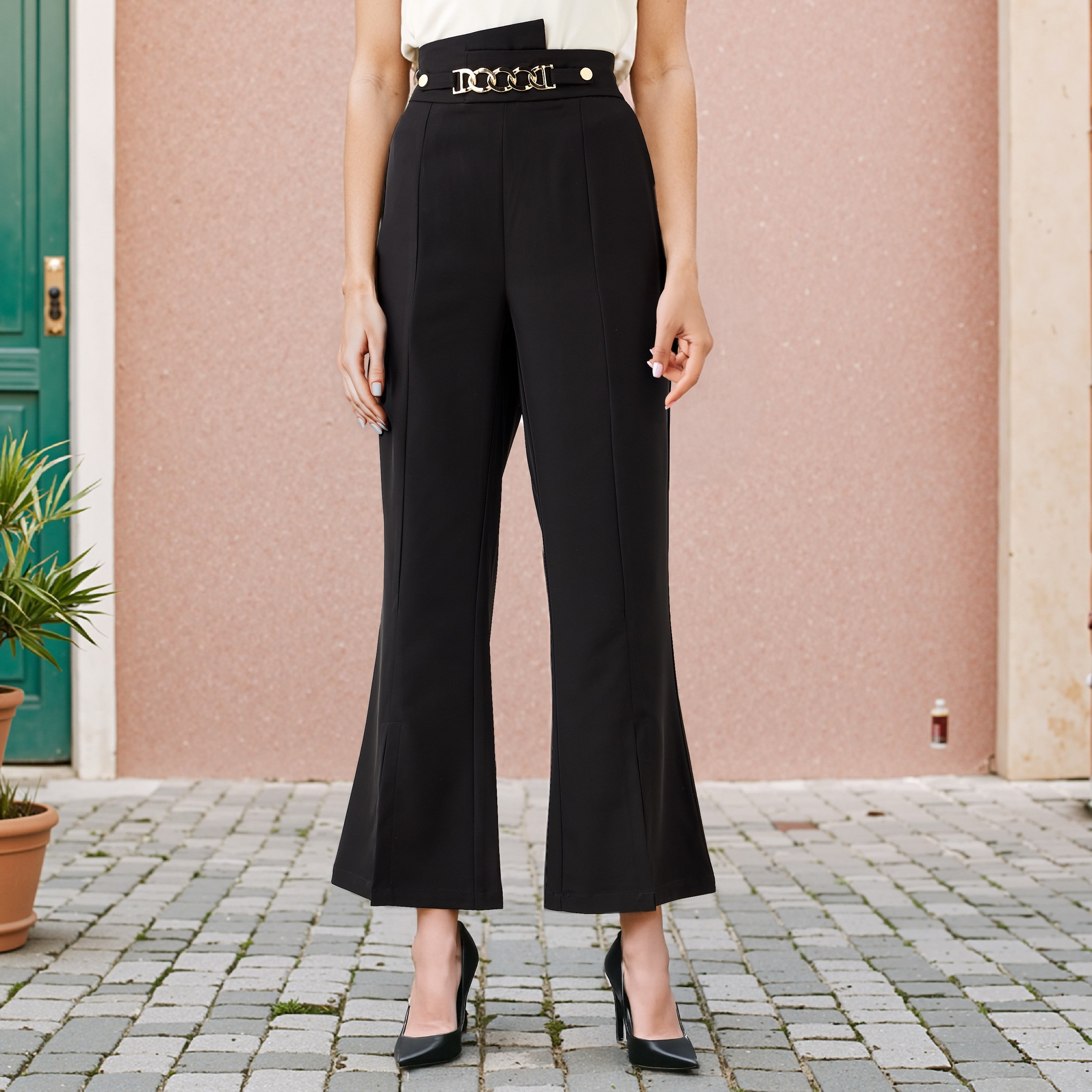Textured High-Waist Pants with Metal Detail-women-clothing-bottoms-trousers-image-2
