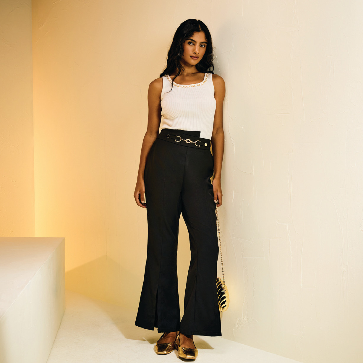 Textured High-Waist Pants with Metal Detail-women-clothing-bottoms-trousers-image-1