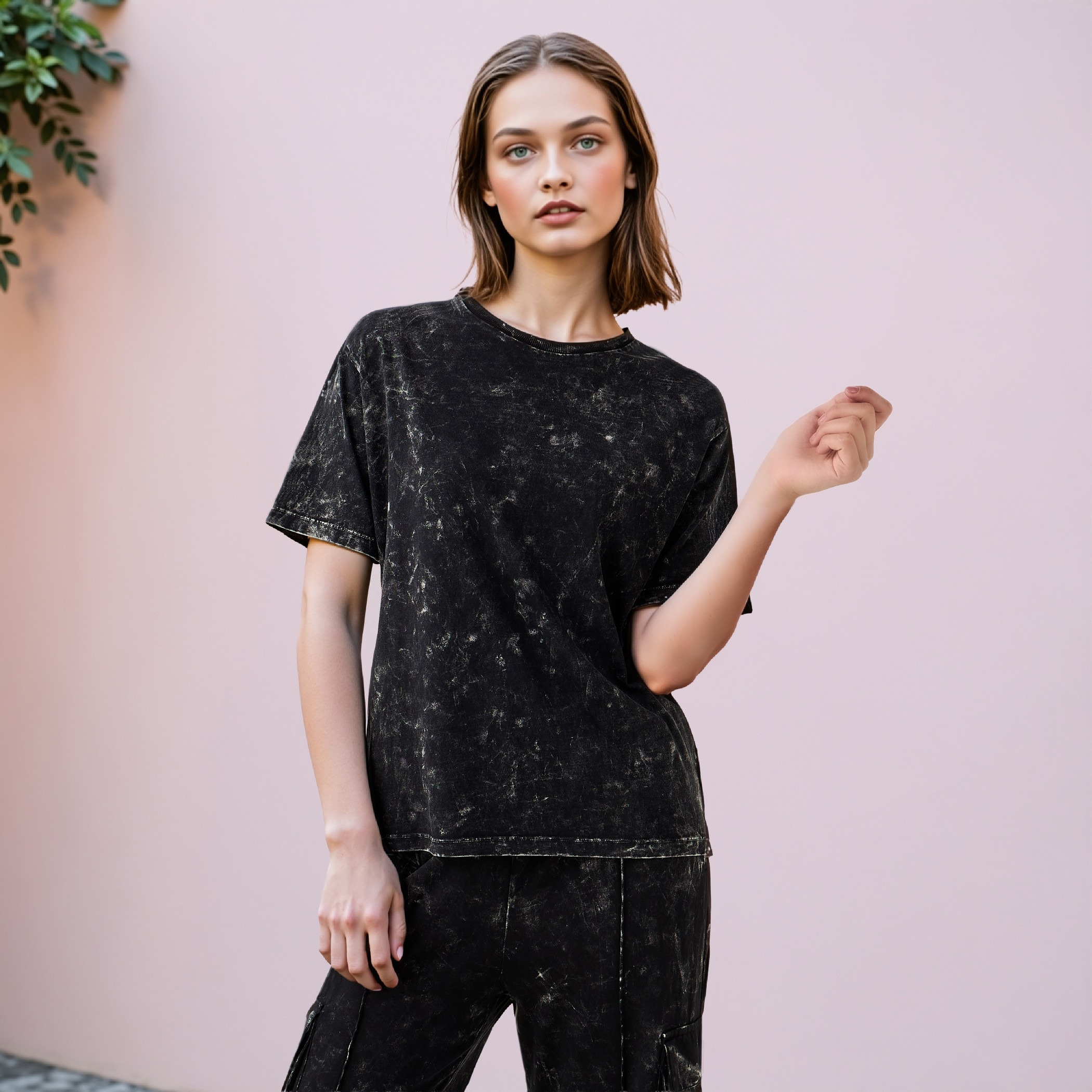 Acid Wash Cotton T-shirt with Crew Neck and Short Sleeves-women-clothing-tshirts-image-1