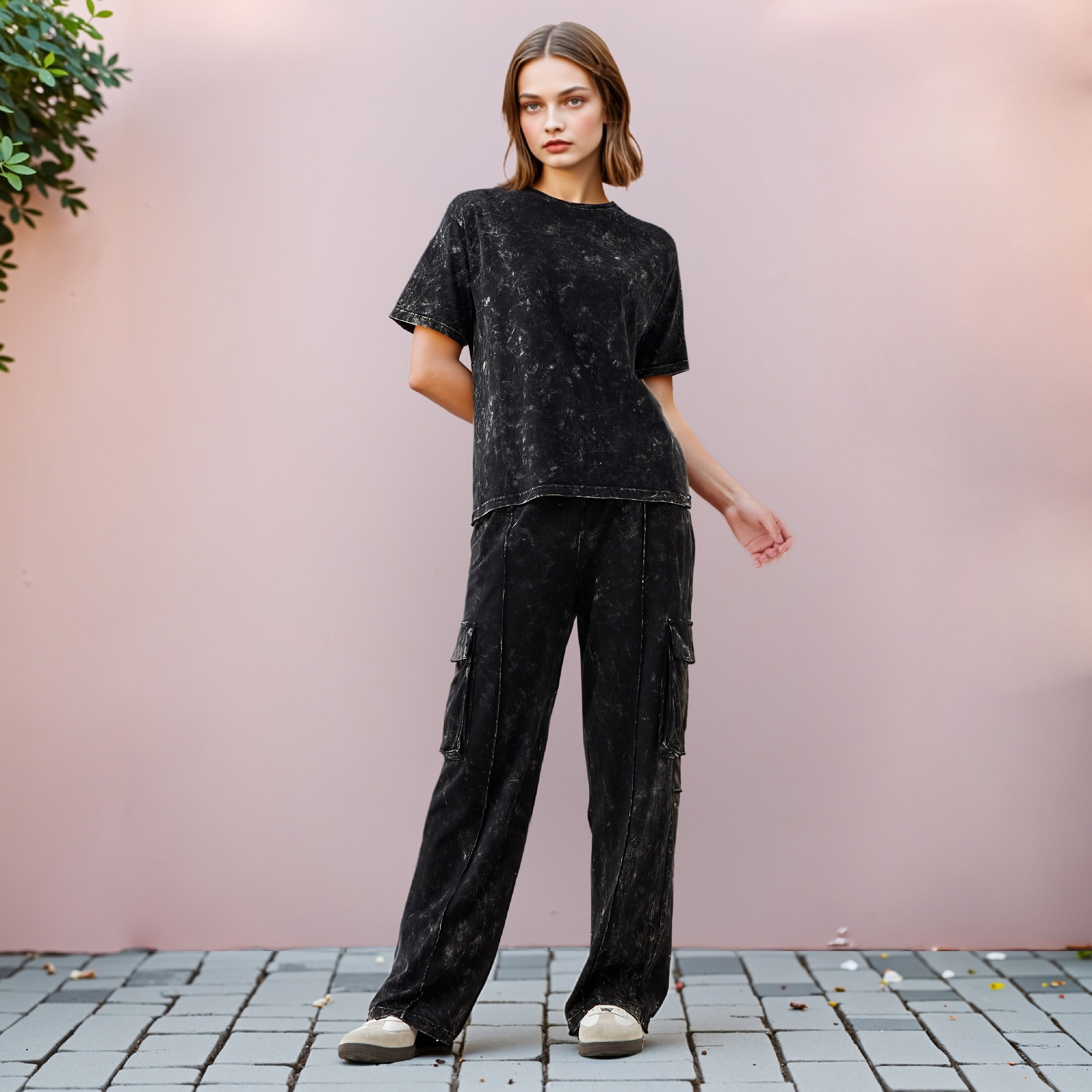 Acid Wash Cotton T-shirt with Crew Neck and Short Sleeves-women-clothing-tshirts-image-2