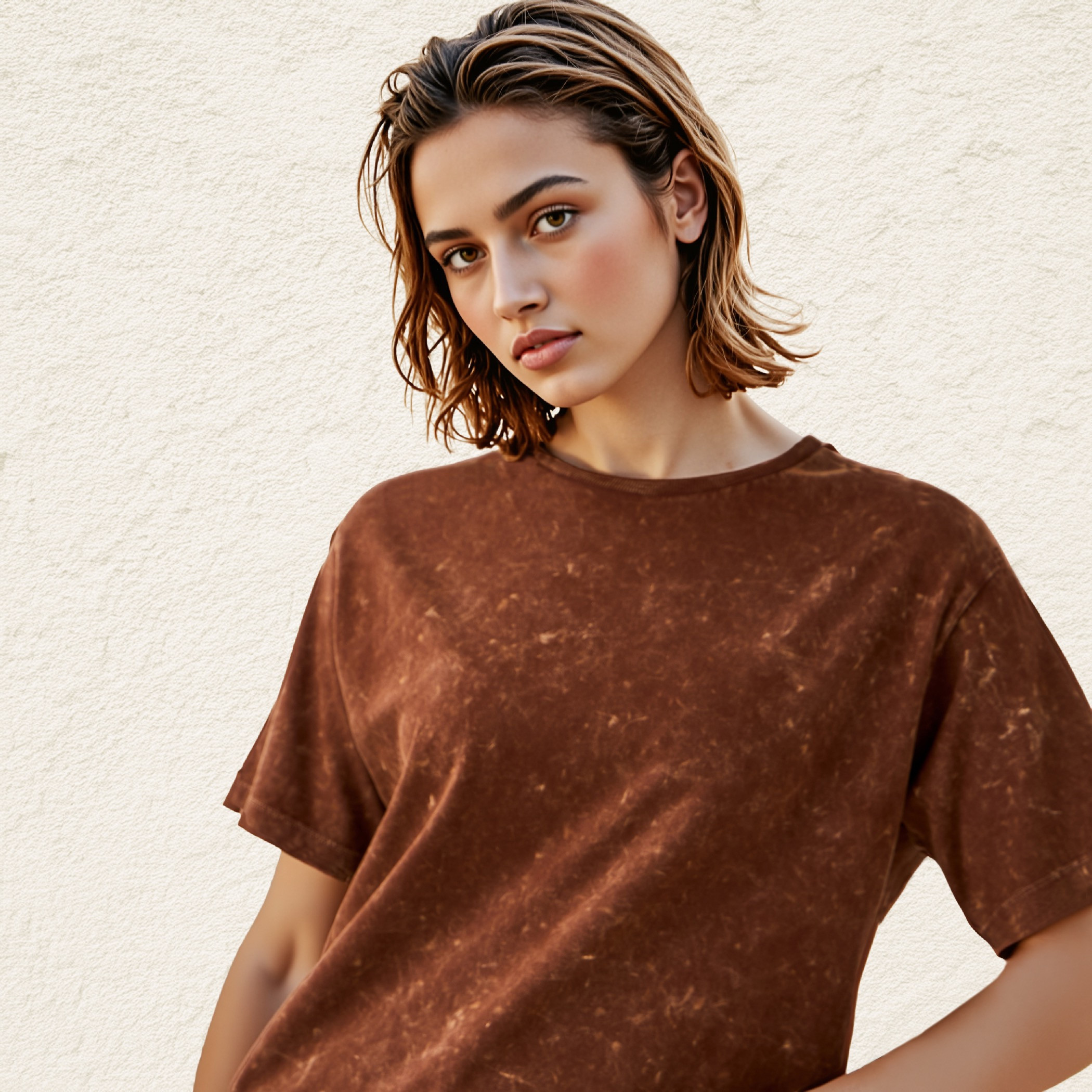 تيشيرت قطن مغسول بالحامض بياقة ضيقة وأكمام قصيرة-women-clothing-tshirts-image-4