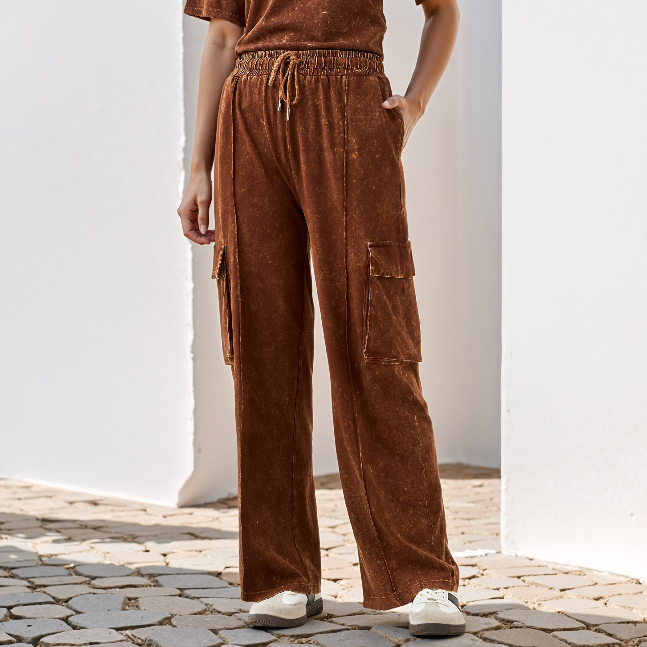 Acid Wash Cargo Joggers with Pockets-women-clothing-bottoms-joggers-image-11