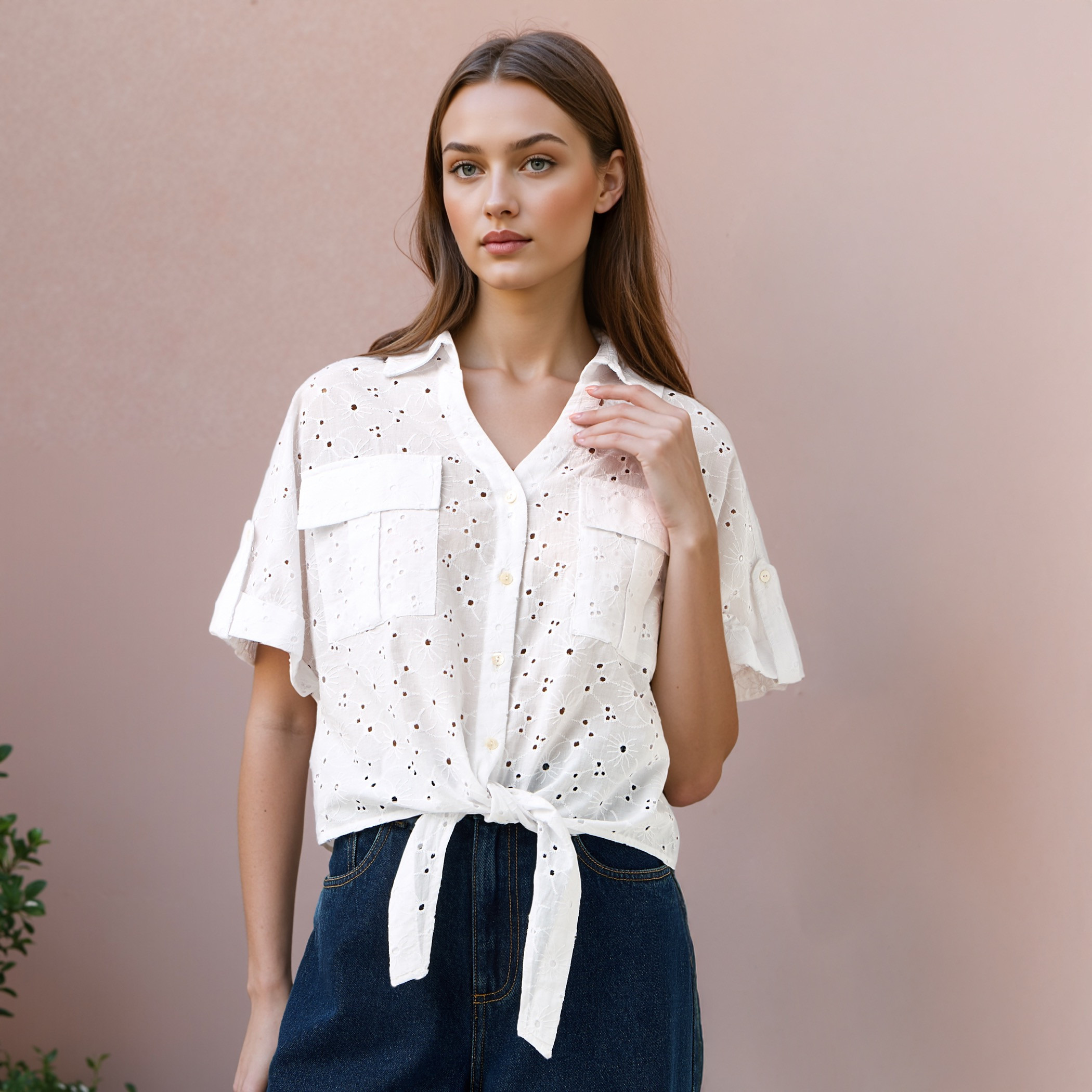 Schiffli Textured Shirt with Collar and Knot Detail-women-clothing-shirtsandblouses-shirts-image-1