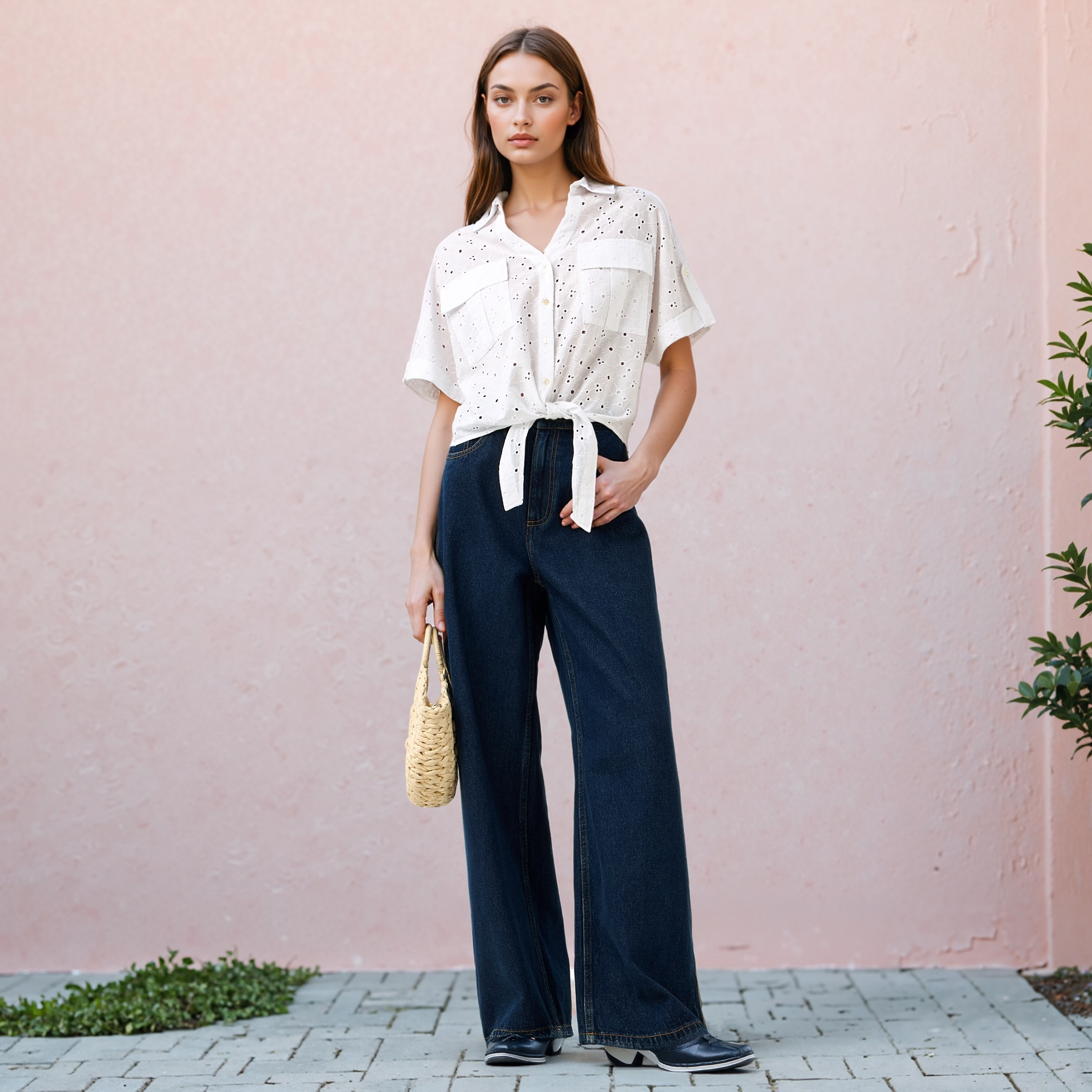 Schiffli Textured Shirt with Collar and Knot Detail-women-clothing-shirtsandblouses-shirts-image-2