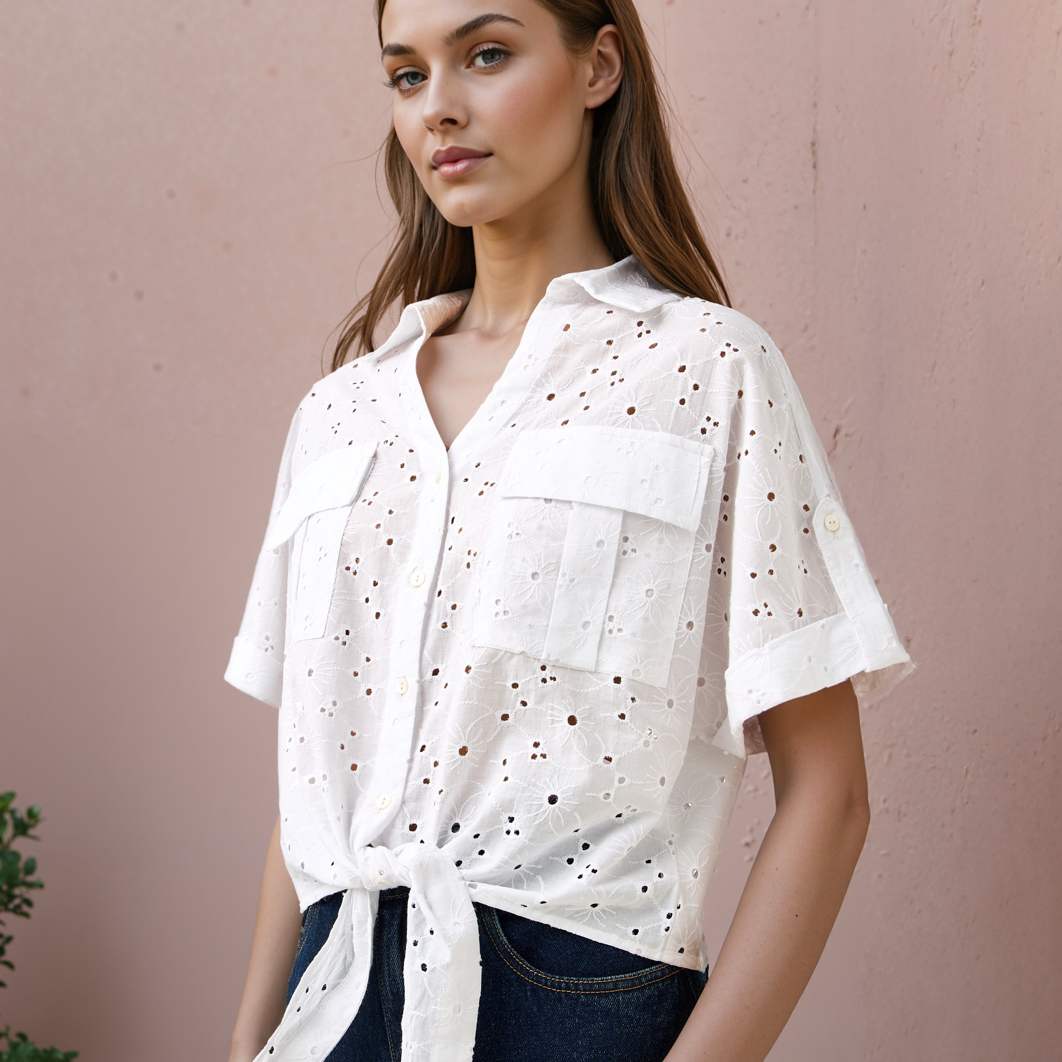 Schiffli Textured Shirt with Collar and Knot Detail-women-clothing-shirtsandblouses-shirts-image-4