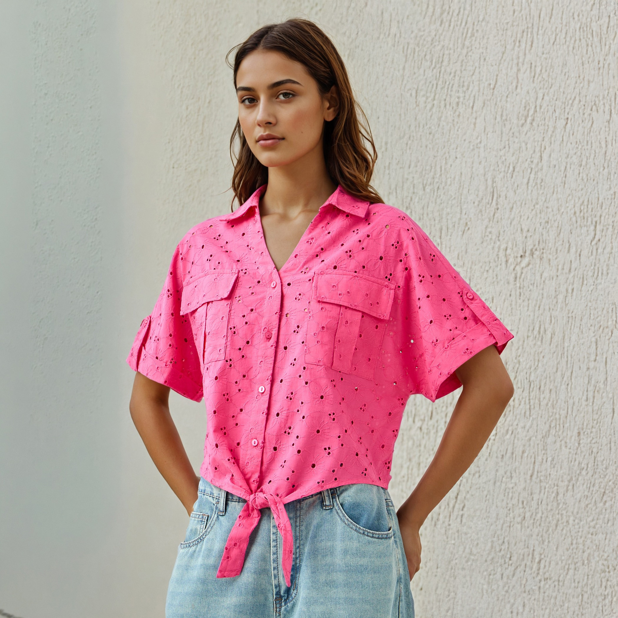 Schiffli Textured Shirt with Collar and Knot Detail-women-clothing-shirtsandblouses-shirts-image-1