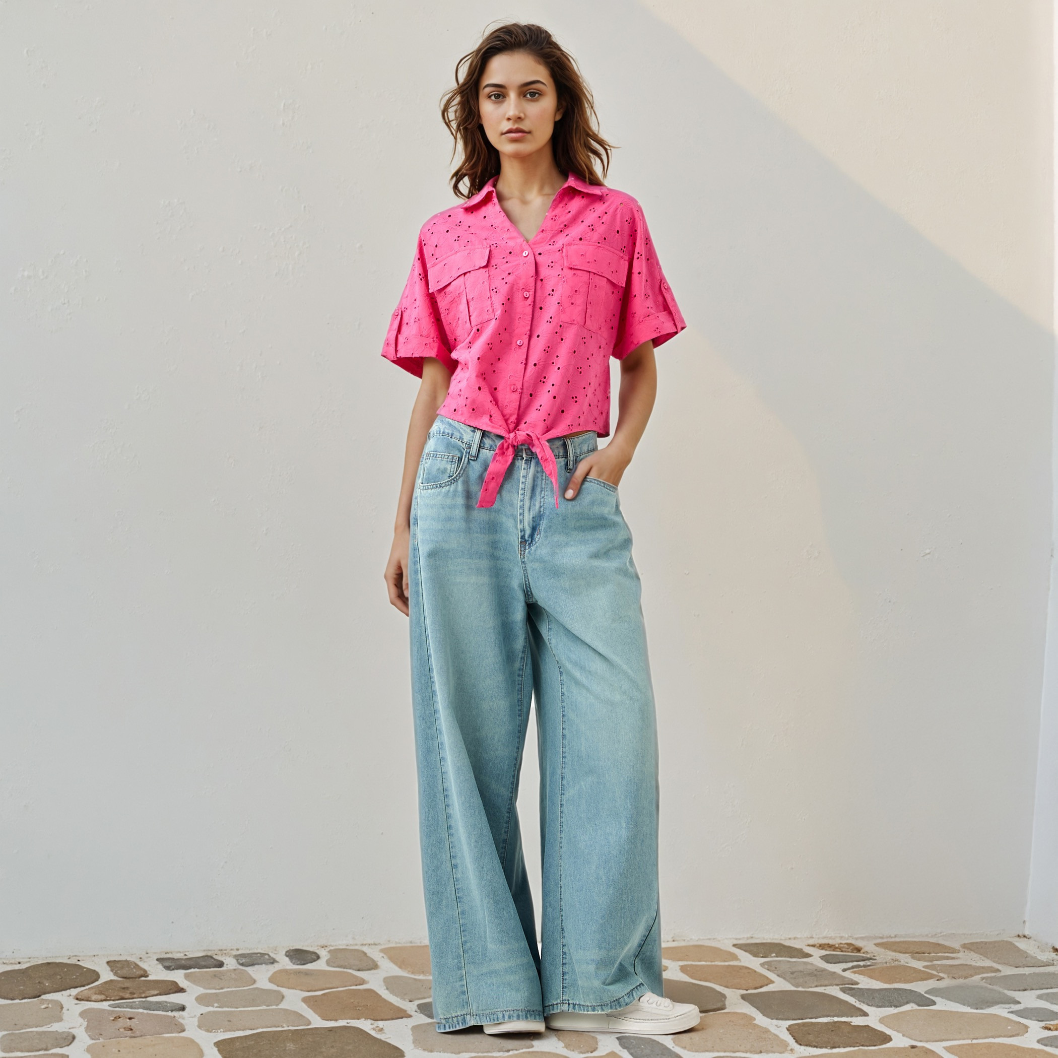 Schiffli Textured Shirt with Collar and Knot Detail-women-clothing-shirtsandblouses-shirts-image-2