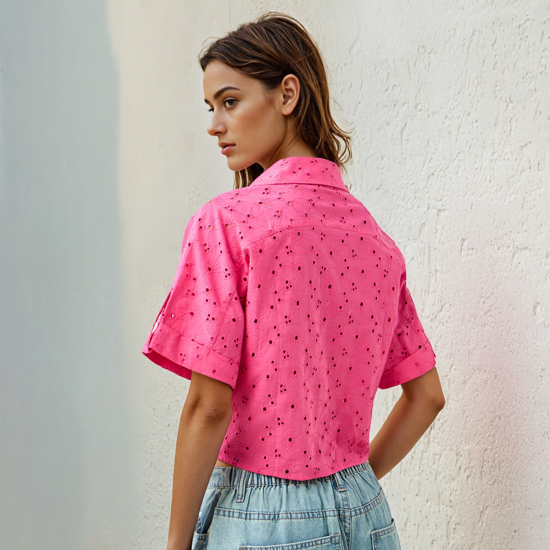 Schiffli Textured Shirt with Collar and Knot Detail-women-clothing-shirtsandblouses-shirts-image-3