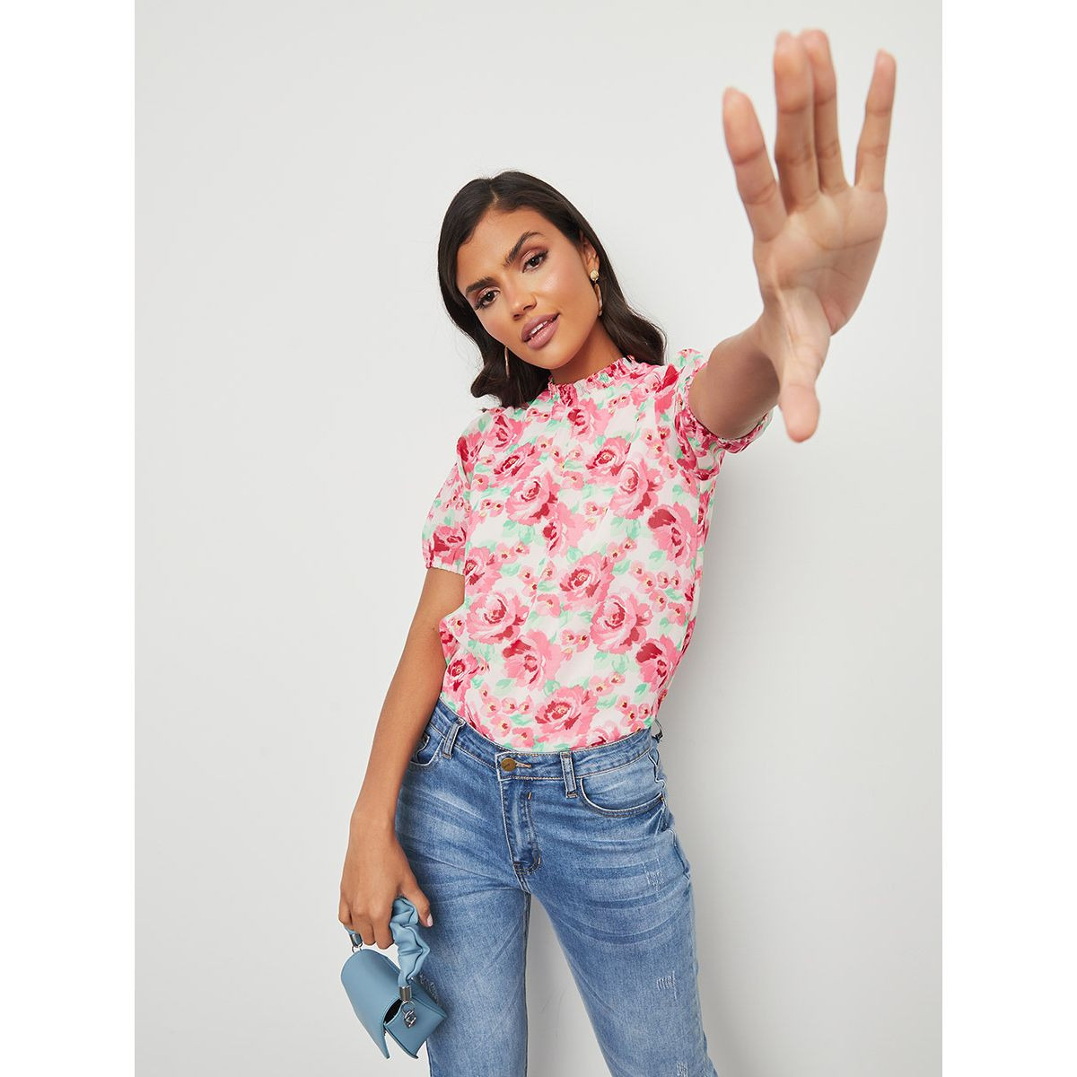 Styli Floral Print Short Sleeves High Neck Shirred Top-women-clothing-shirtsandblouses-blouses-image-1