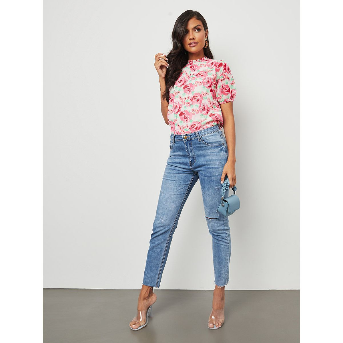 Styli Floral Print Short Sleeves High Neck Shirred Top-women-clothing-shirtsandblouses-blouses-image-2