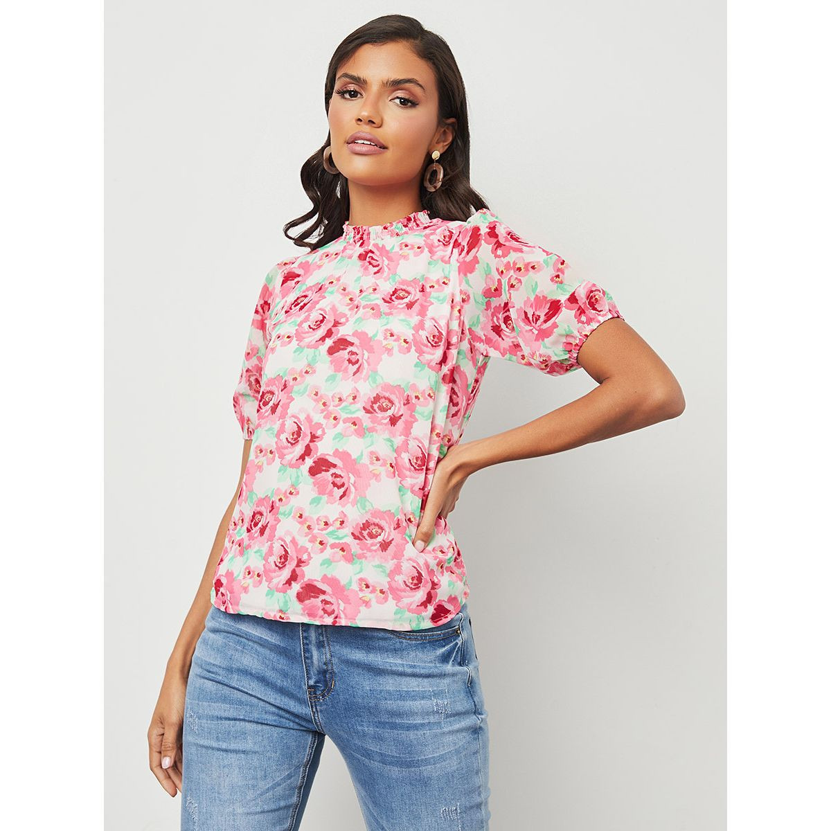Styli Floral Print Short Sleeves High Neck Shirred Top-women-clothing-shirtsandblouses-blouses-image-3