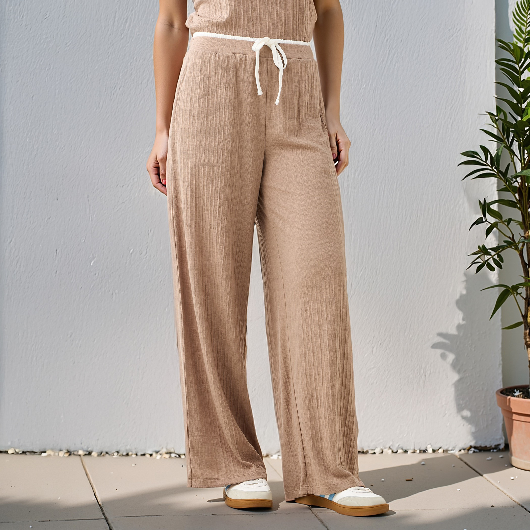 Textured Wide Leg Joggers with Contrast Waist-women-clothing-bottoms-joggers-image-1