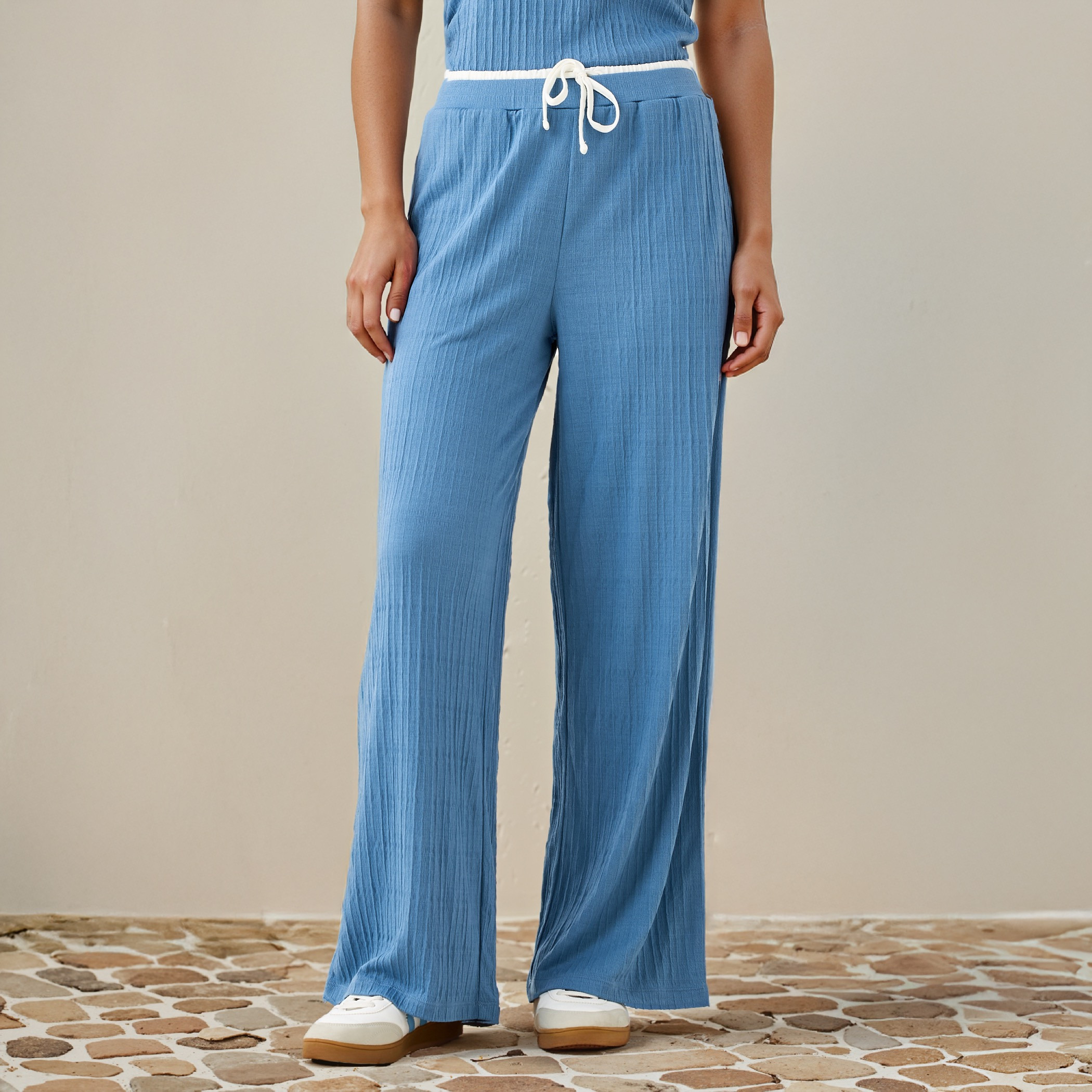 Textured Wide Leg Joggers with Contrast Waist-women-clothing-bottoms-joggers-image-1