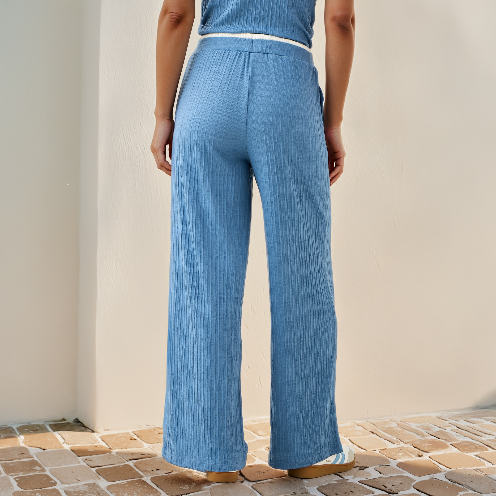 Textured Wide Leg Joggers with Contrast Waist-women-clothing-bottoms-joggers-image-3