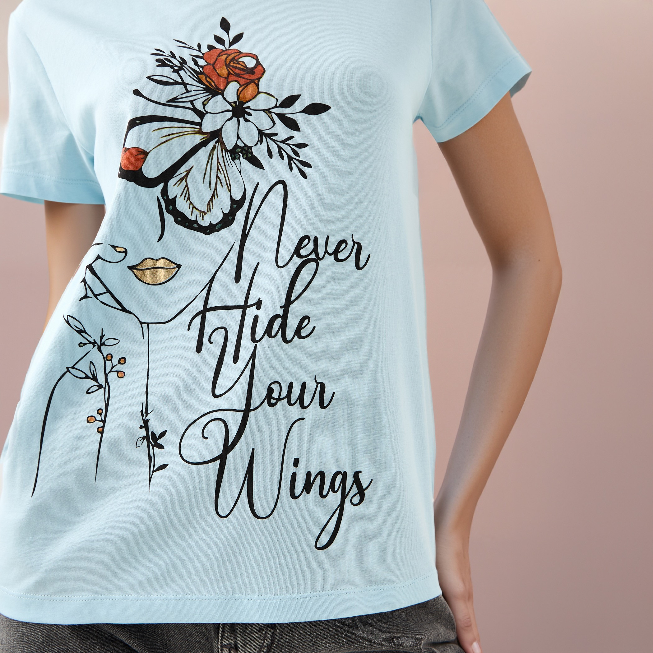 Graphic Print T-shirt with Crew Neck-women-clothing-tshirts-image-4