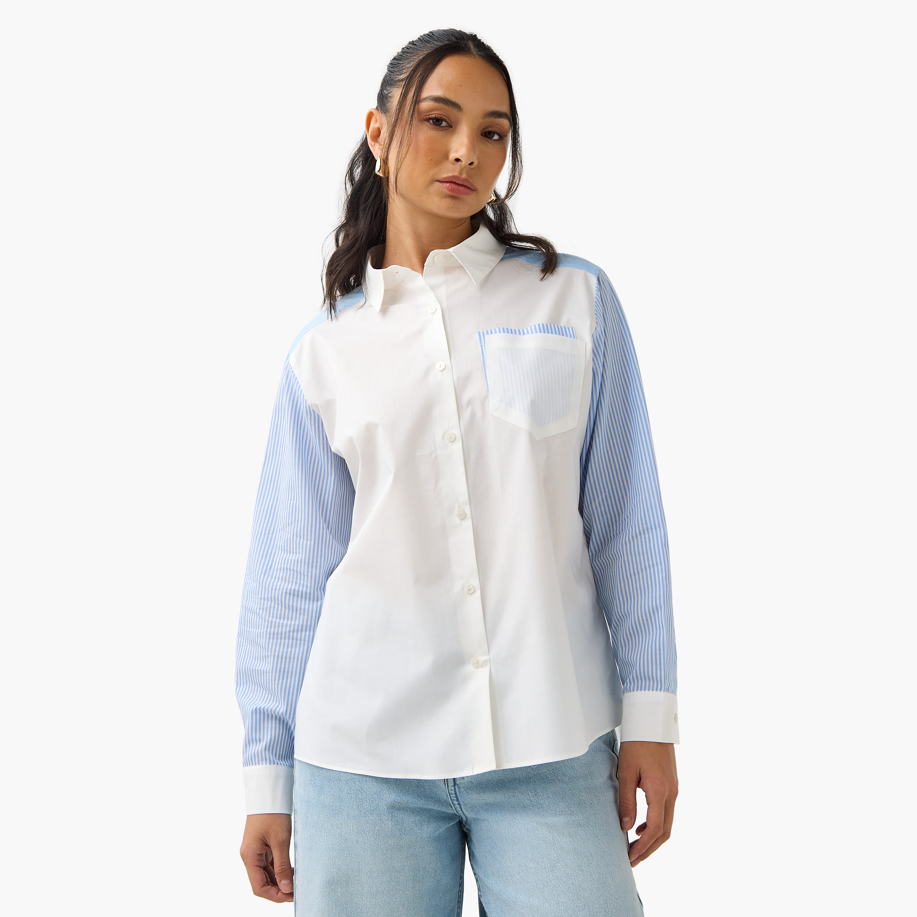 Regular Fit Striped Collared Cotton Shirt with Chest Pocket-women-clothing-shirtsandblouses-shirts-image-1
