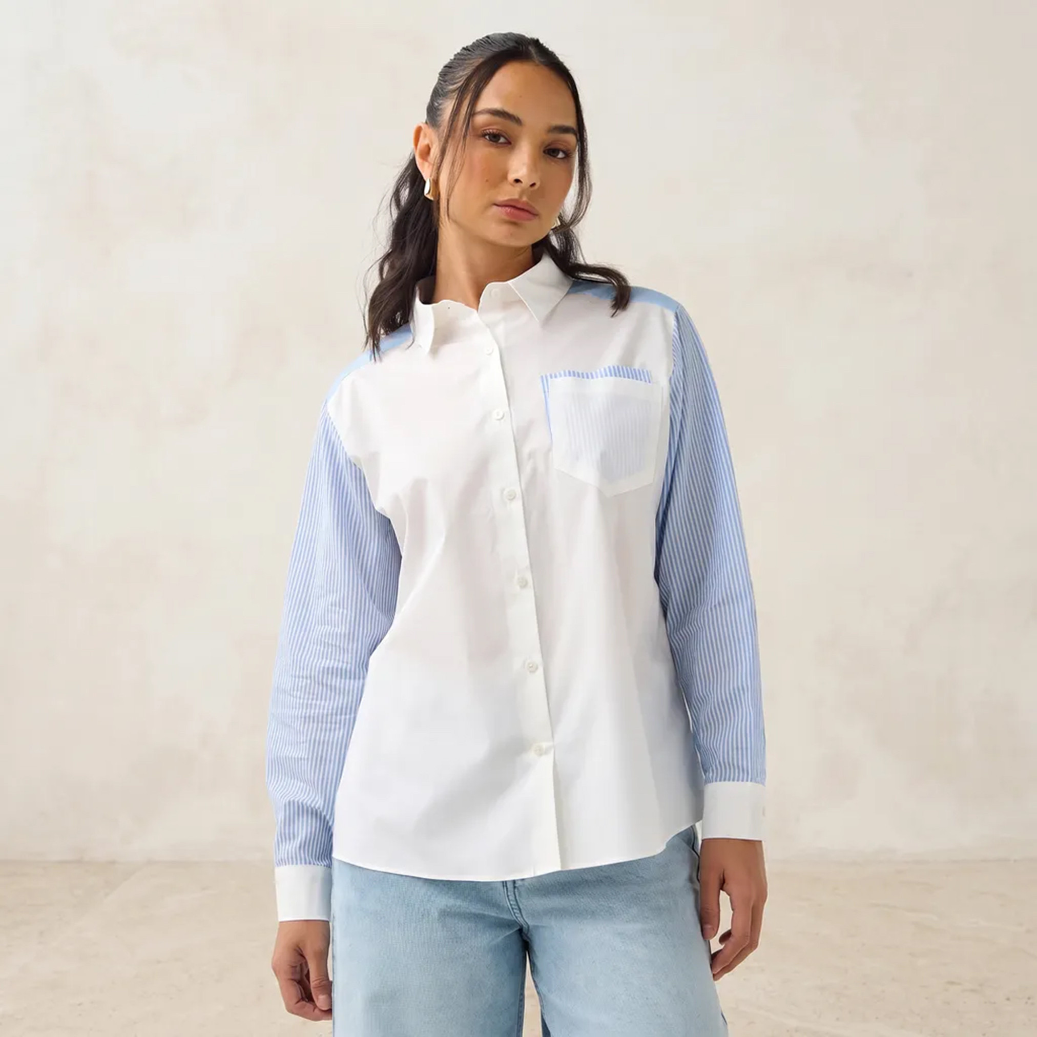 Regular Fit Striped Collared Cotton Shirt with Chest Pocket-women-clothing-shirtsandblouses-shirts-image-1