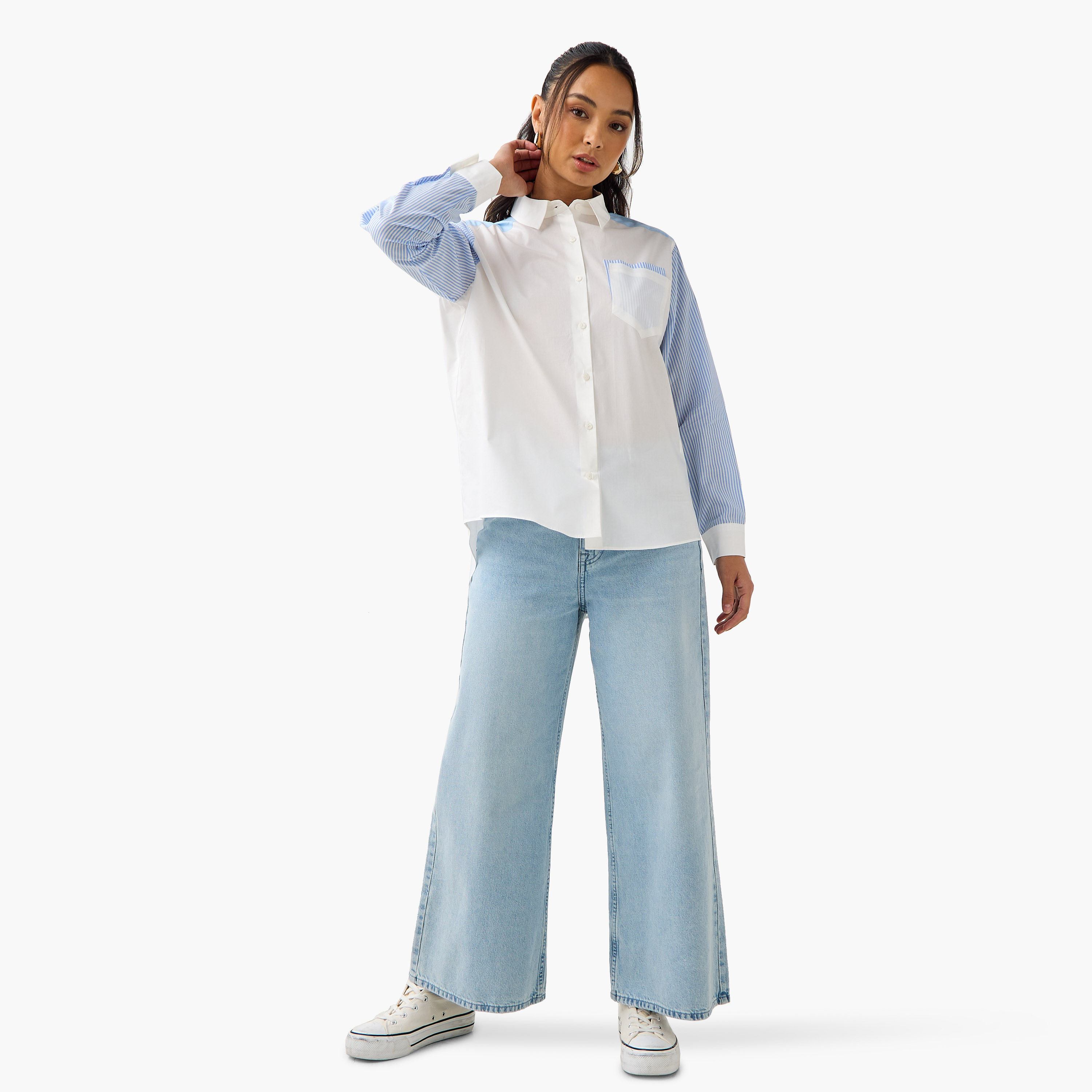 Regular Fit Striped Collared Cotton Shirt with Chest Pocket-women-clothing-shirtsandblouses-shirts-image-2