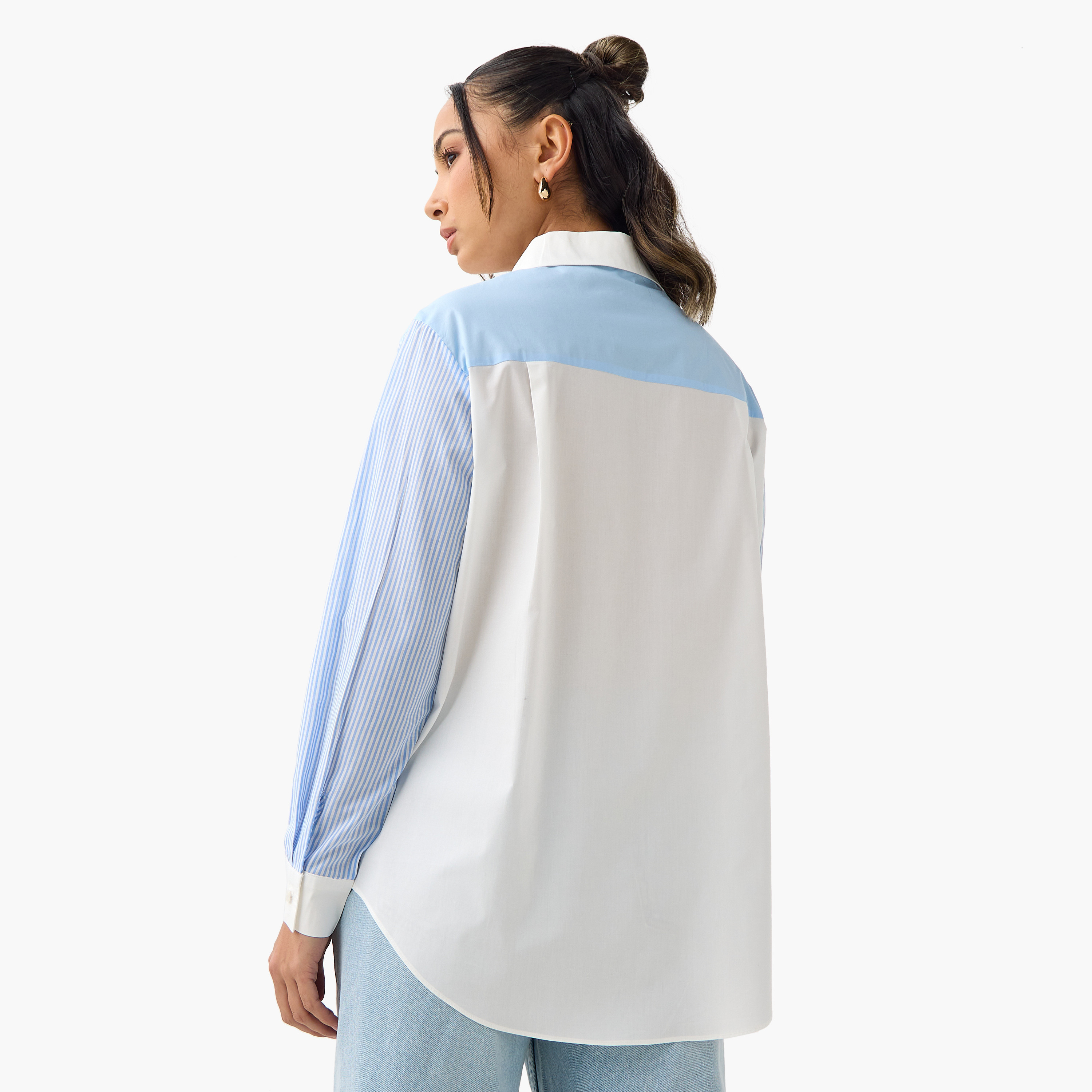 Regular Fit Striped Collared Cotton Shirt with Chest Pocket-women-clothing-shirtsandblouses-shirts-image-3