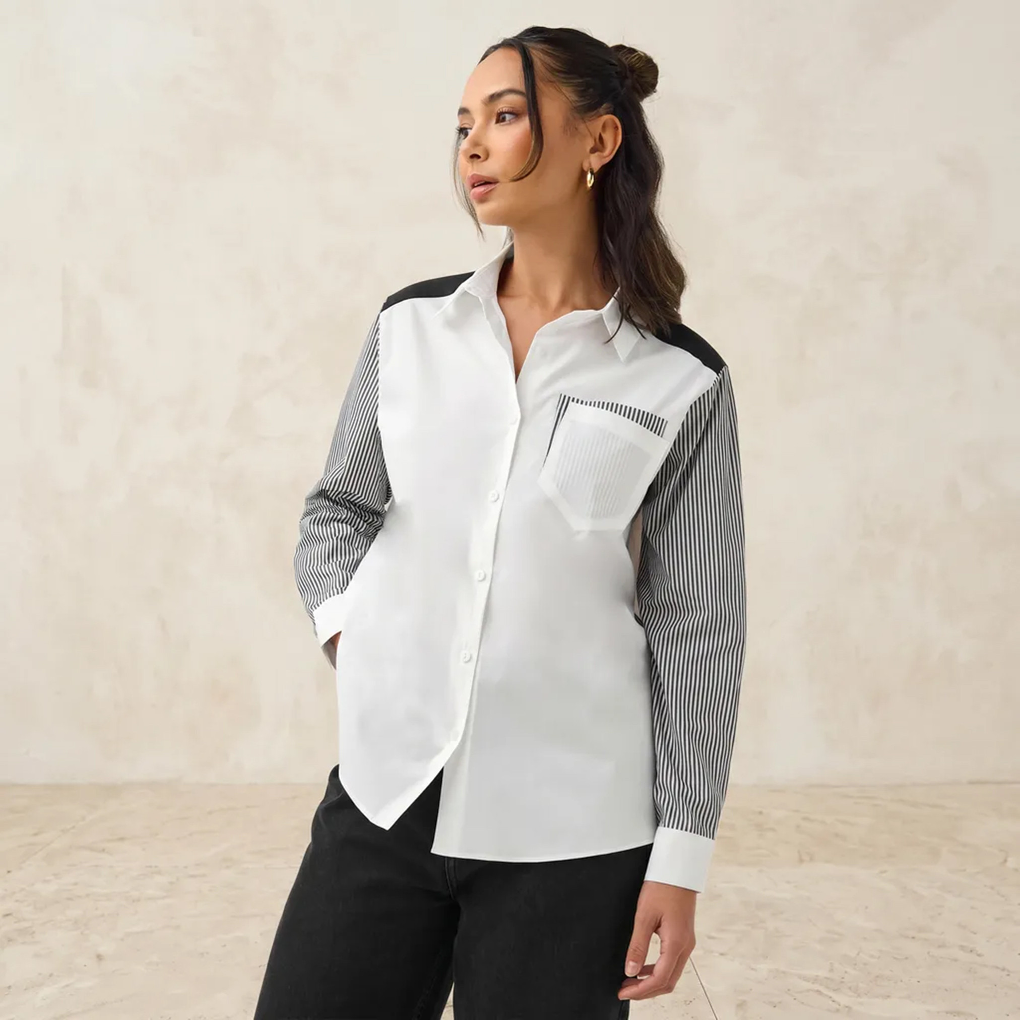 Regular Fit Striped Collared Cotton Shirt with Chest Pocket-women-clothing-shirtsandblouses-shirts-image-7
