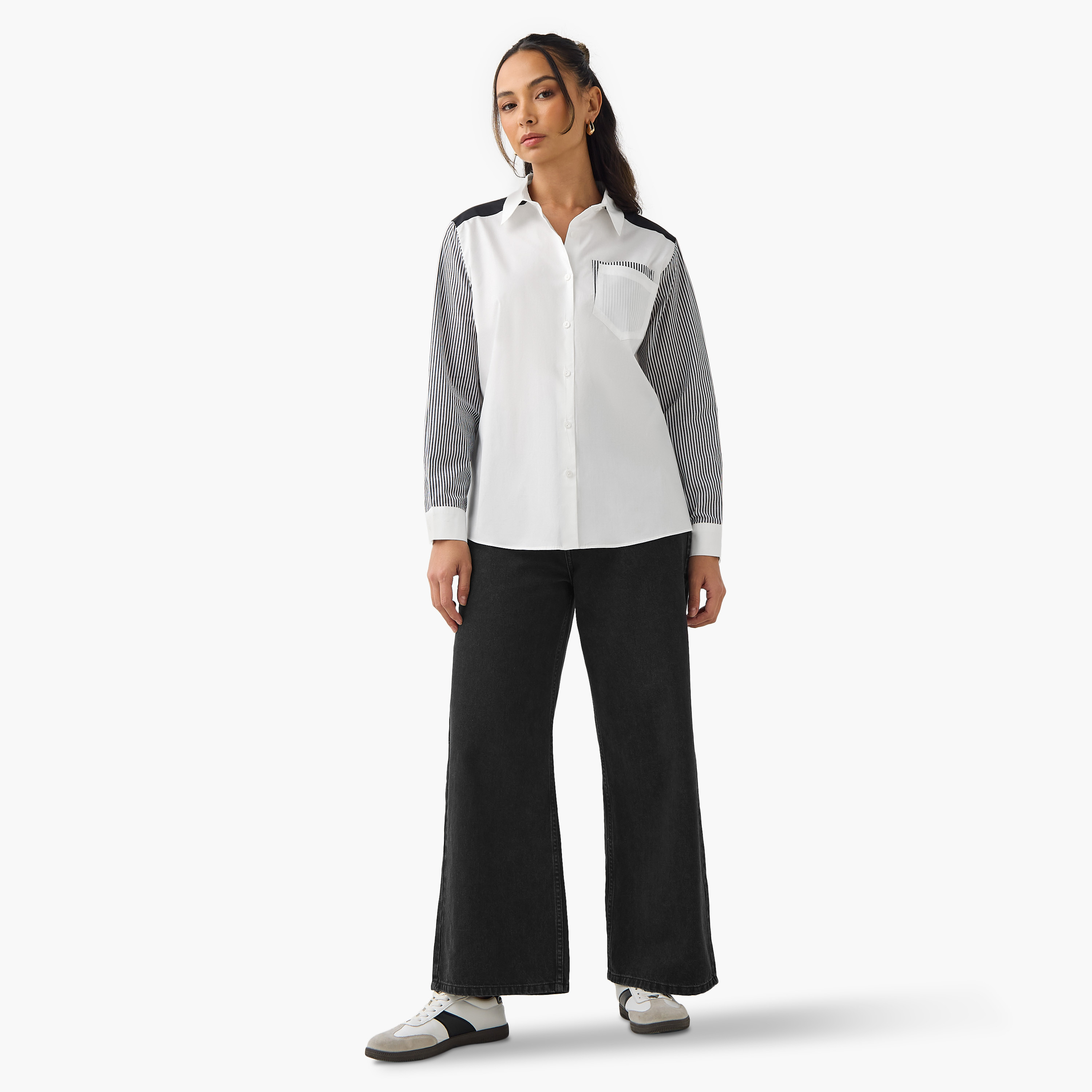 Regular Fit Striped Collared Cotton Shirt with Chest Pocket-women-clothing-shirtsandblouses-shirts-image-8